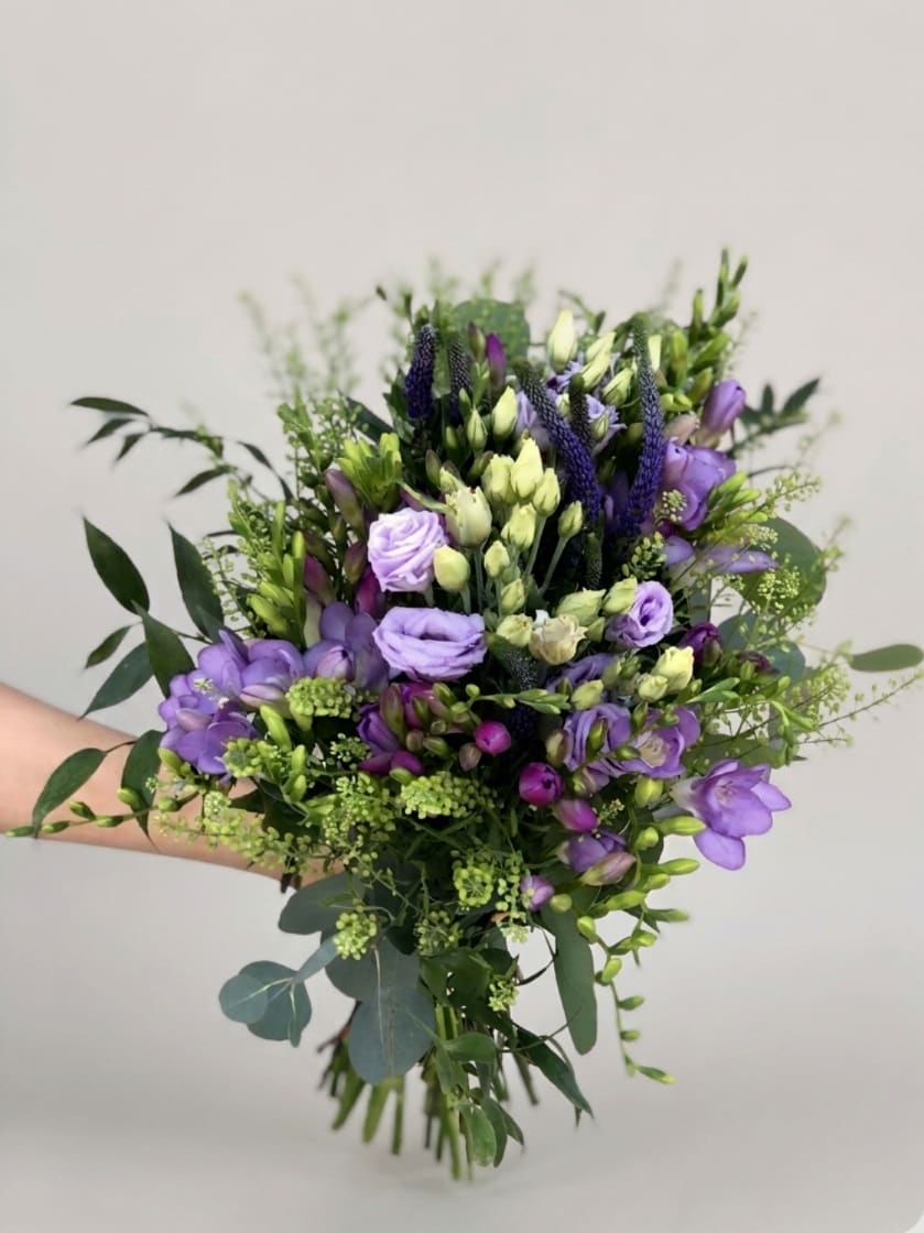 BP50 - Purple Lisianthus &amp; Freesia Bouquet - Hand tied bouquet with purple lisianthus, purple freesia, purple veronica, green bell and some greenery  *Depends on availability, flowers may change