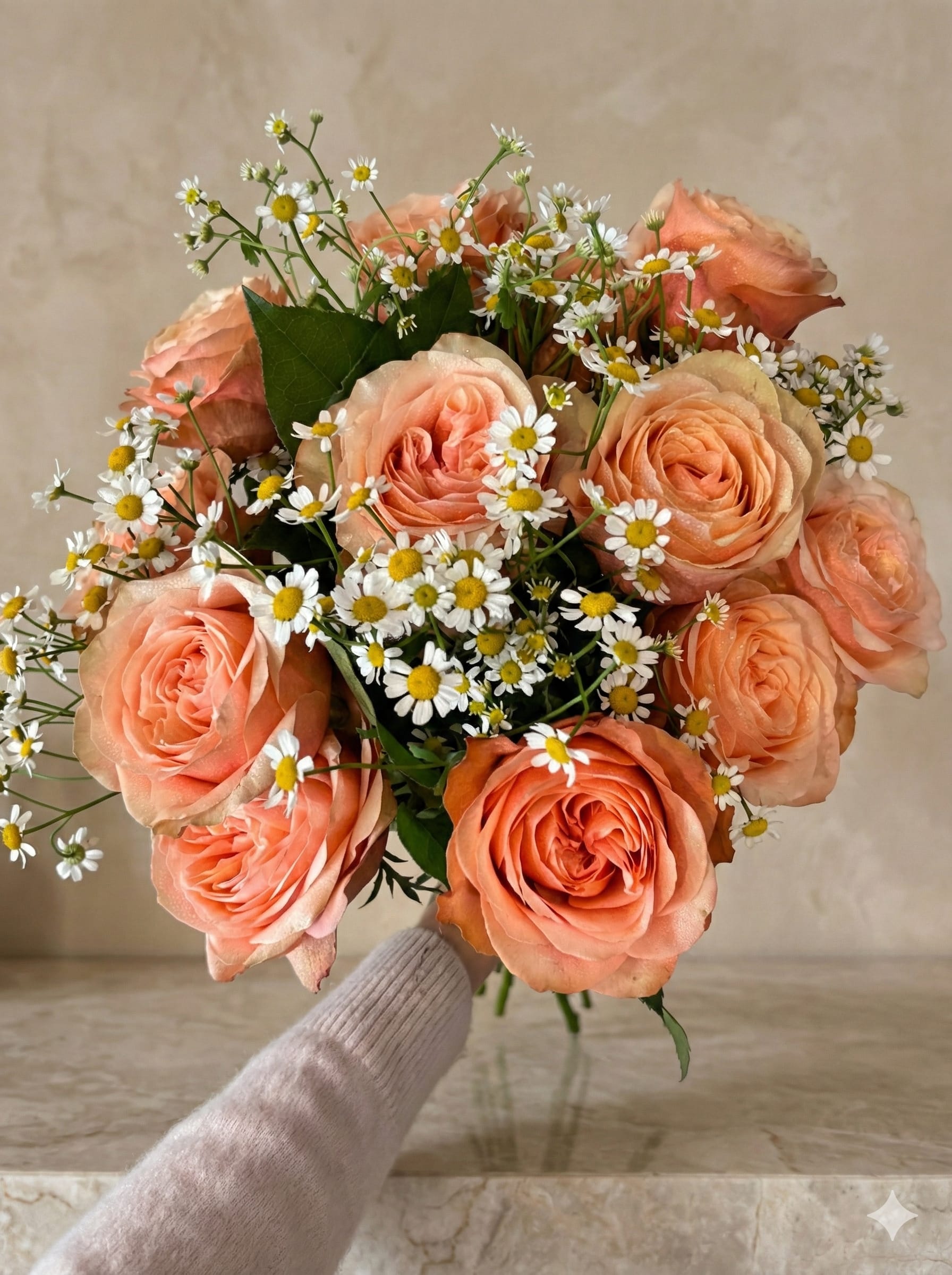 Peach roses with small white daisies in a hand-held bouquet