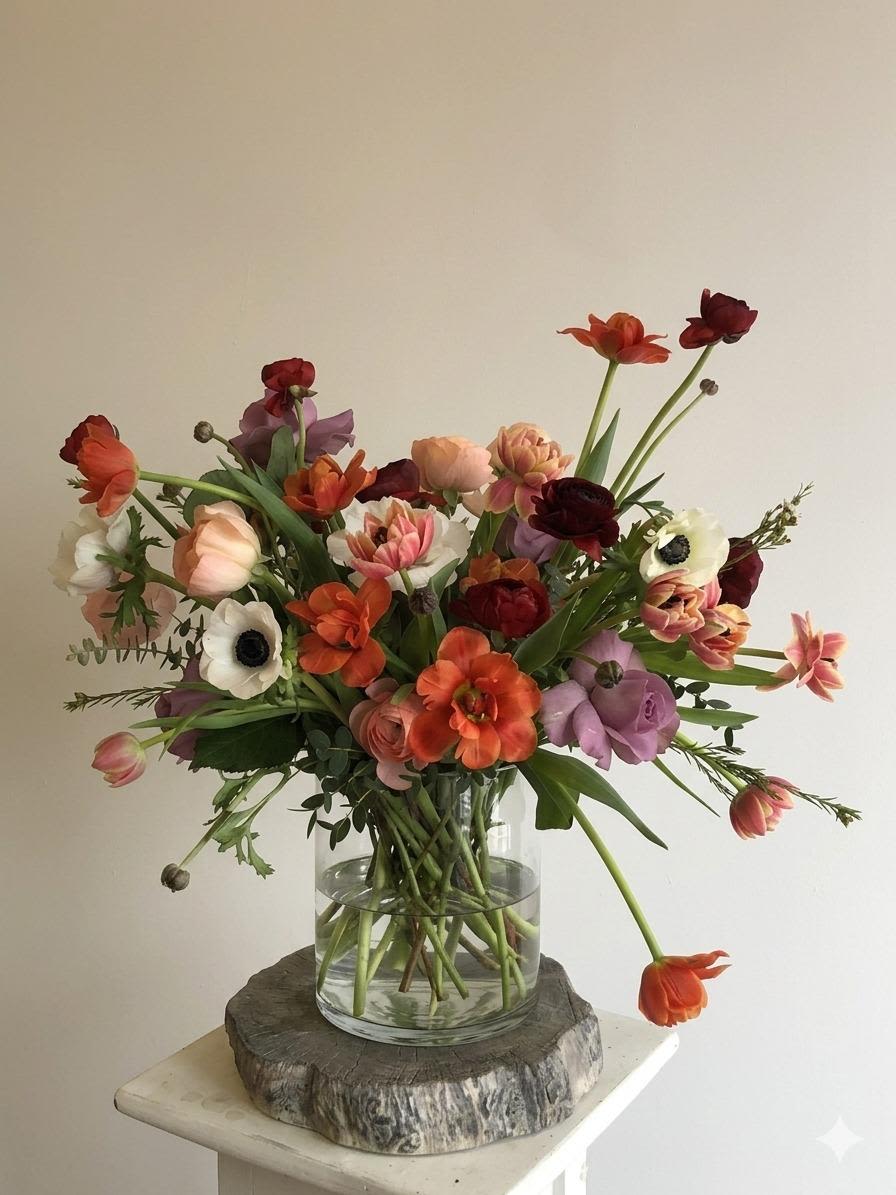 BP40 - Anemome &amp; Rose Mix Arrangement  - Vase arrangement with white, peach, orange, mauve and burgundy flowers