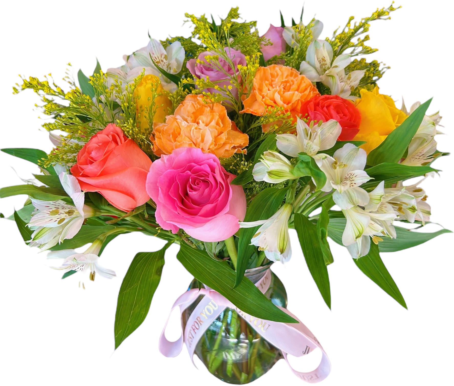 Mixed bouquet of roses and alstroemeria in a glass vase