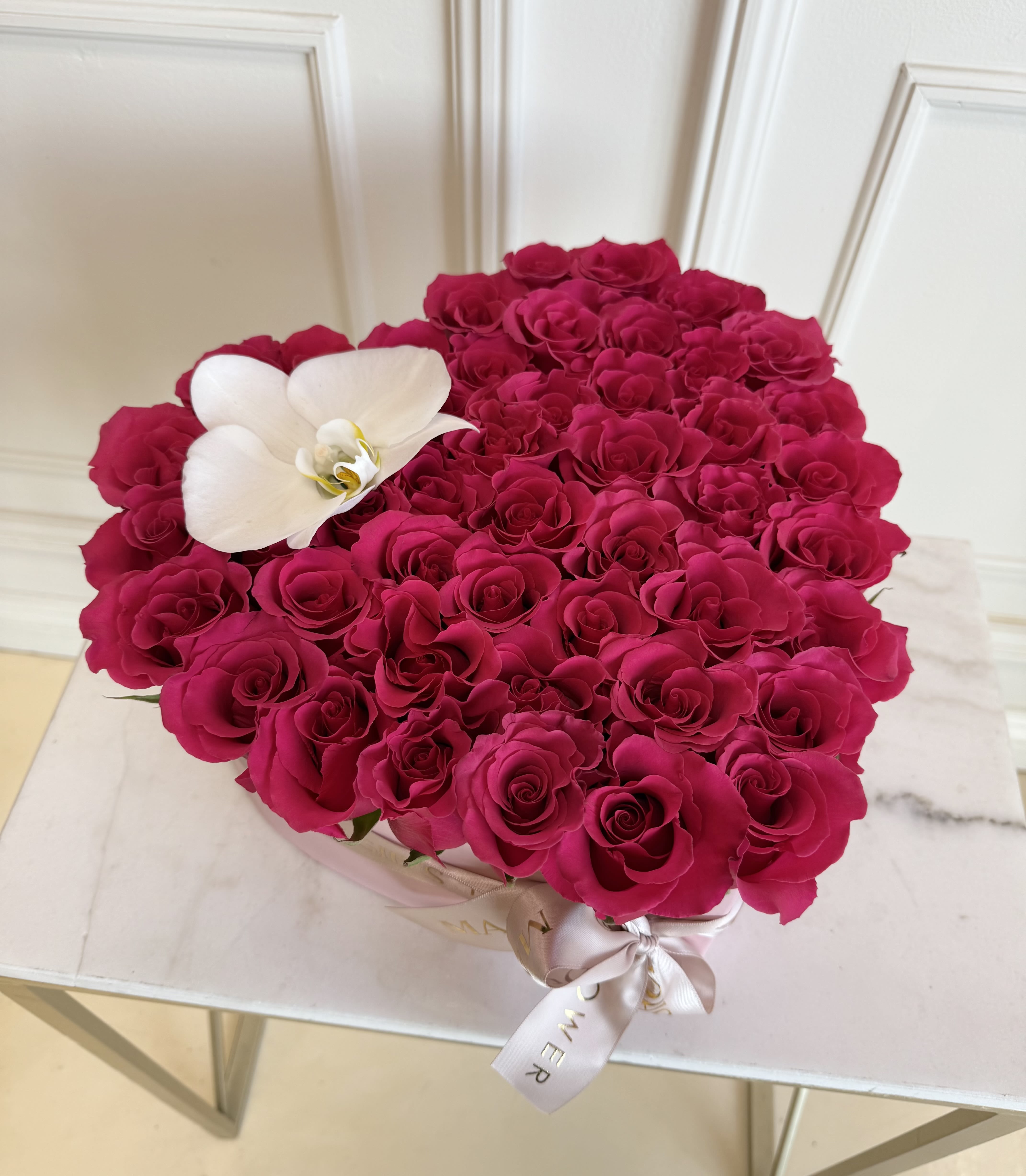 Mother’s Day Hot Pink Heart  - Hot pink roses in heart shape box   Approx 50 roses 