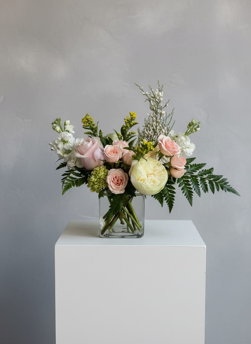 Tranquil Vibes - Because flowers follow the rhythm of the seasons, availability changes often. Your arrangement may vary from the photo, and some varieties may differ. We design with the freshest blooms available, making substitutions when needed—while always preserving the overall mood: fresh, artful, and beautifully composed.  For specific flower or color requests, please contact us before ordering.