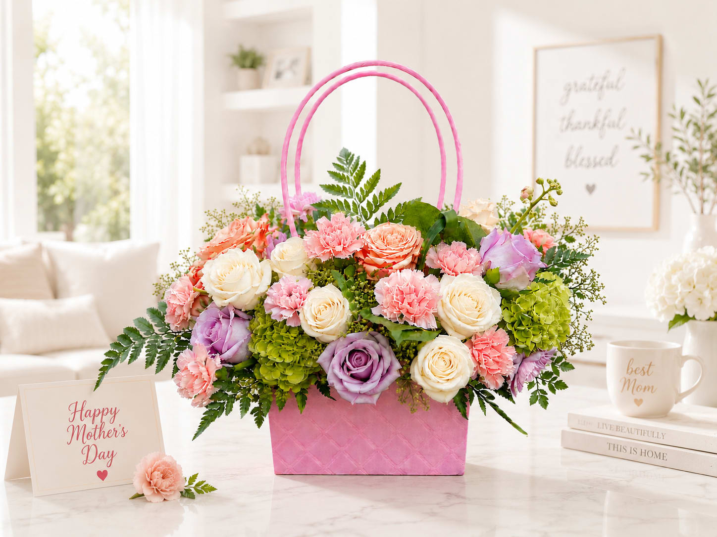 Forever Bloom Purse - Soft and elegant Mother’s Day floral purse designed to make her feel loved long after the flowers bloom. Filled with premium roses, carnations, hydrangea, and seasonal florals in dreamy blush, cream, lavender, and pastel tones, this keepsake purse. 