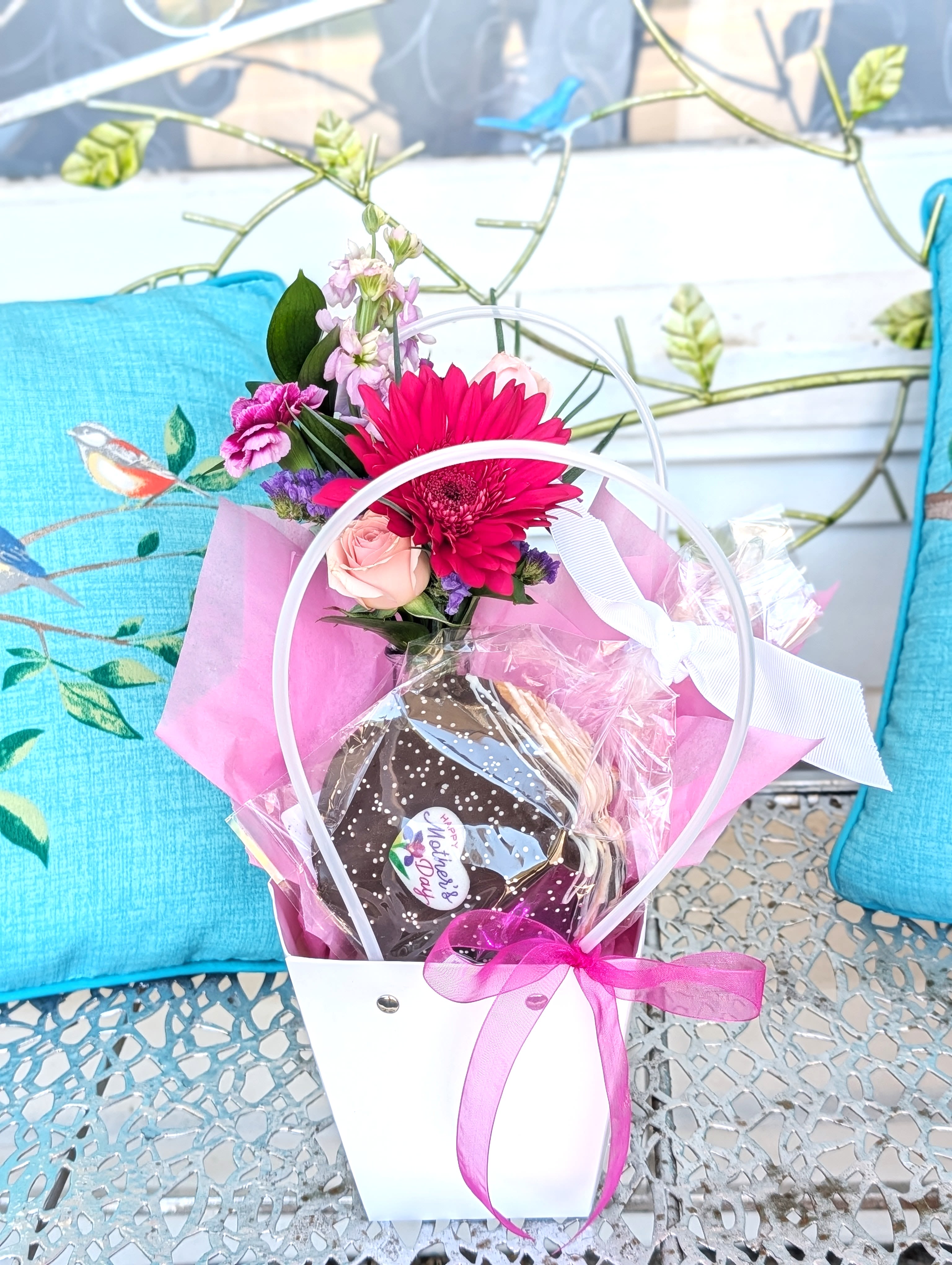 Fortunate Mom - Shown as Standard A fortune cookie and bud vase of mixed flowers come in a white purse keepsake. **Colors and cookie will vary**