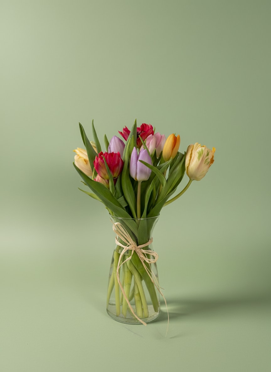 Mixed bouquet of colorful tulips in a clear glass vase tied with twine on a light green background