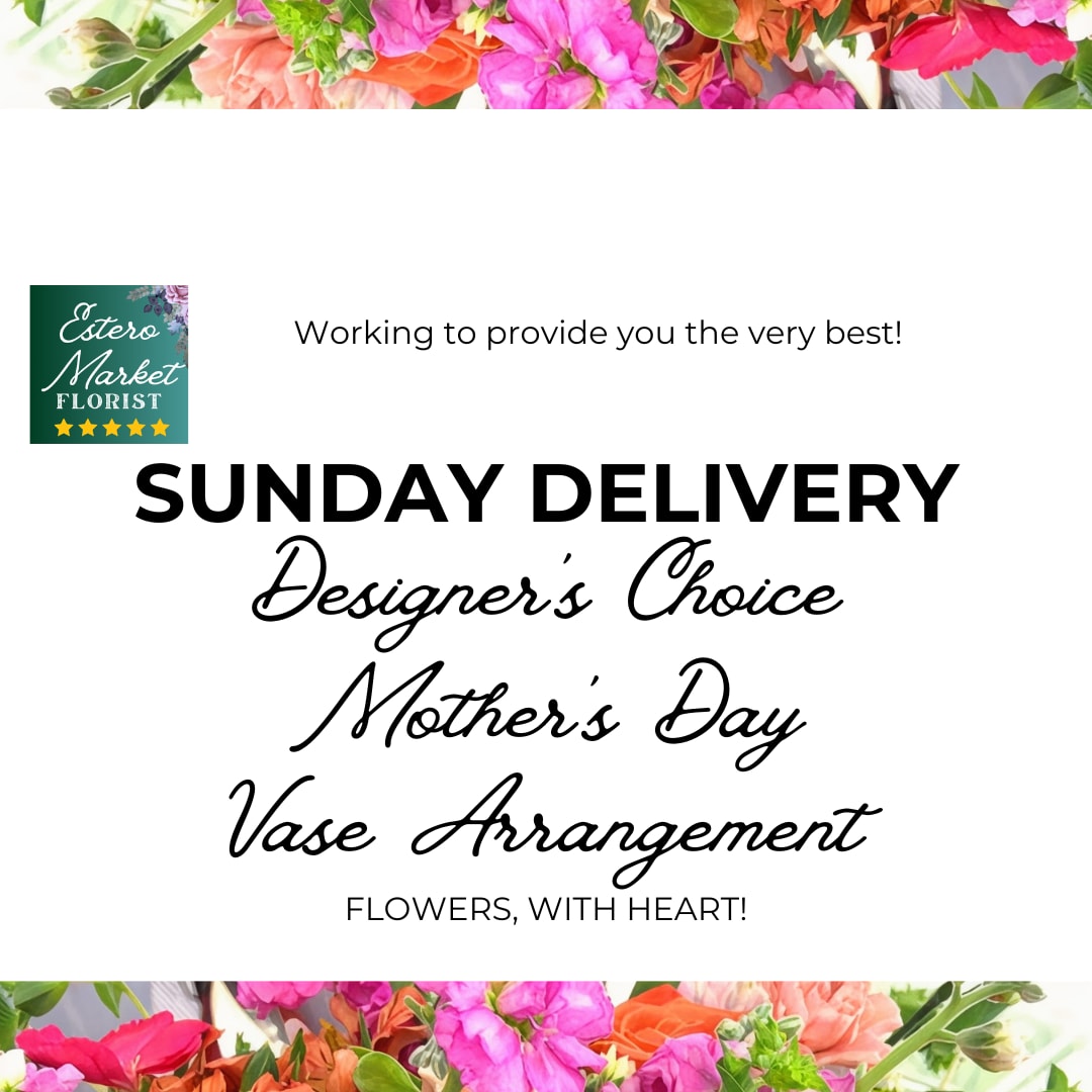 ** SUNDAY DELIVERY ** Mother's Day Floral Vase Bouquet - FOR SUNDAY DELIVERY ONLY - Approximate delivery timeframe 9am-7pm.  *** Please note: This is an all-day timeframe. ***  Designer's Choice Original Vase Arrangement For Sunday Delivery we are offering three sizes for Mother's Day.  Each is an original design of our own creation, based on the freshest available seasonal flowers. As always, only premium blooms are included in our bouquets!  Note: Our designs are more petite than other flower shops that use lower quality filler flowers. We hope you'll keep this in mind when placing your order.   Choose from Standard, Deluxe, or Premium sizes  Standard 5" cube or cylinder vase lushly filled with seasonal blooms Deluxe 6-8" Cylinder or Cube vase lushly filled with seasonal blooms Deluxe 6-8" Cylinder or Cube vase lushly filled with seasonal blooms  Vases may be clear, lavender, or white