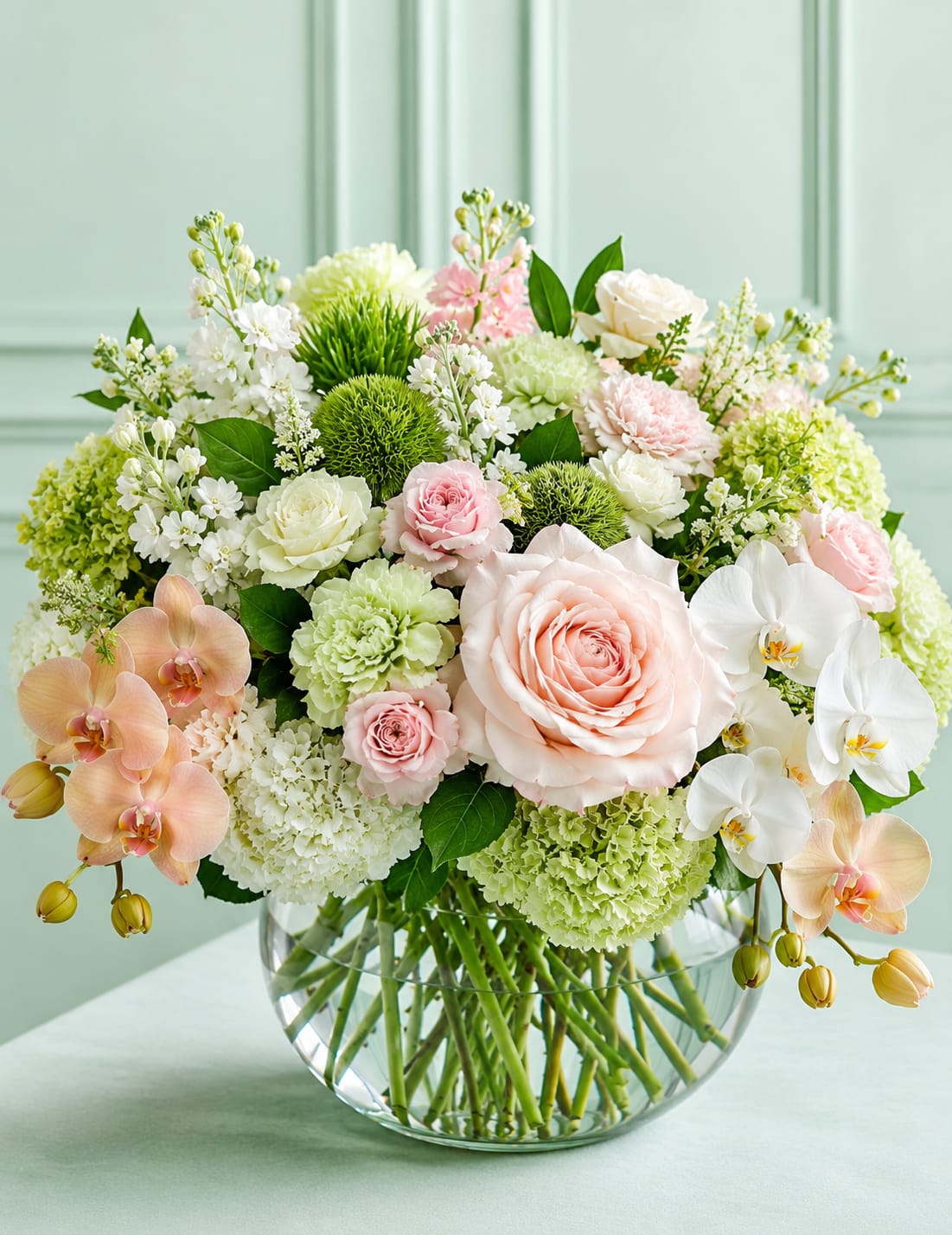 Minted Garden Luxe Bowl - Celebrate Mother’s Day with timeless elegance through our Minted Garden Luxe Bowl, a lush premium floral arrangement designed with soft spring colors and elevated garden-inspired styling. Overflowing with luxury roses, delicate orchids, hydrangea, specialty carnations, textured greenery, and seasonal premium blooms, this arrangement is artfully designed in a modern clear glass bowl vase for a fresh and sophisticated presentation.  Featuring a romantic palette of blush pink, soft peach, creamy white, and fresh mint green, this arrangement is perfect for the mom who loves refined, airy floral designs with a modern luxury feel. Peach and white orchids cascade naturally throughout the arrangement while layered premium blooms create depth, texture, and movement from every angle.  Designed using the freshest premium flowers available, each arrangement is handcrafted by our floral designers to create a one-of-a-kind luxury Mother’s Day gift. Its full rounded shape makes it ideal as a statement centerpiece for brunches, celebrations, or elegant home décor.  Approximate dimensions: 22” wide x 18” tall.  Perfect for:  * Mother’s Day flower delivery * Luxury spring floral arrangements * Elegant centerpiece flowers * Garden-style floral gifting * Premium flower delivery in Dallas-Fort Worth  Available for local flower delivery throughout the DFW area from Bloom-A-Round Floral Design.