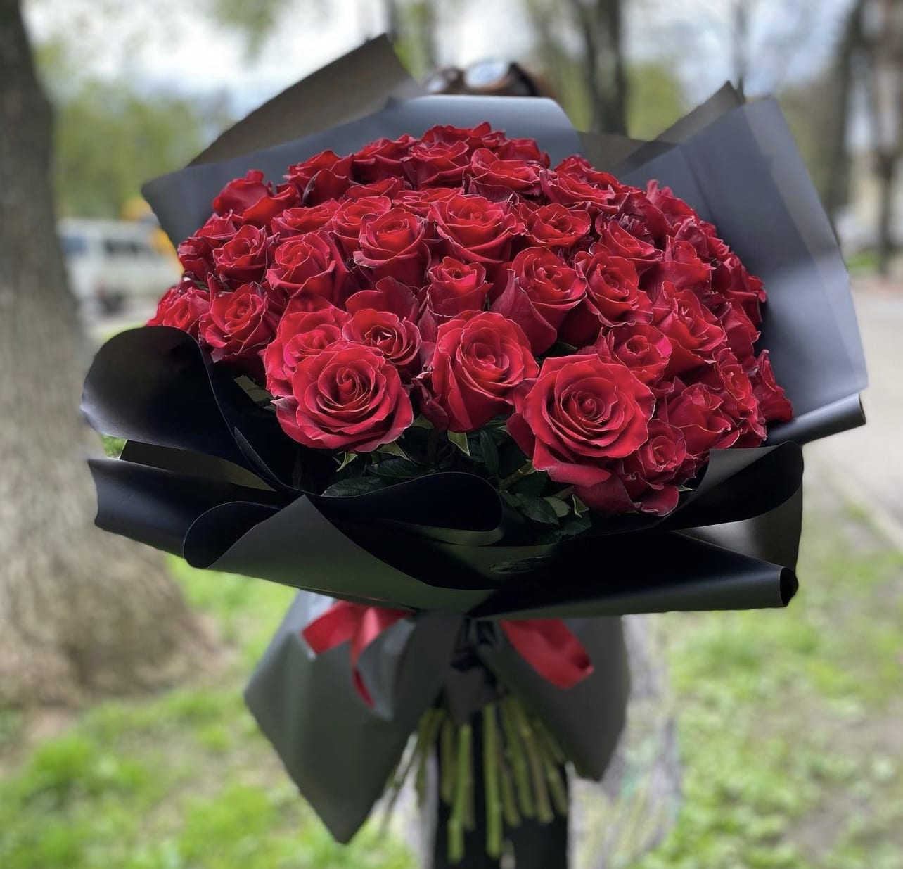Large bouquet of red roses wrapped in black paper with a red ribbon