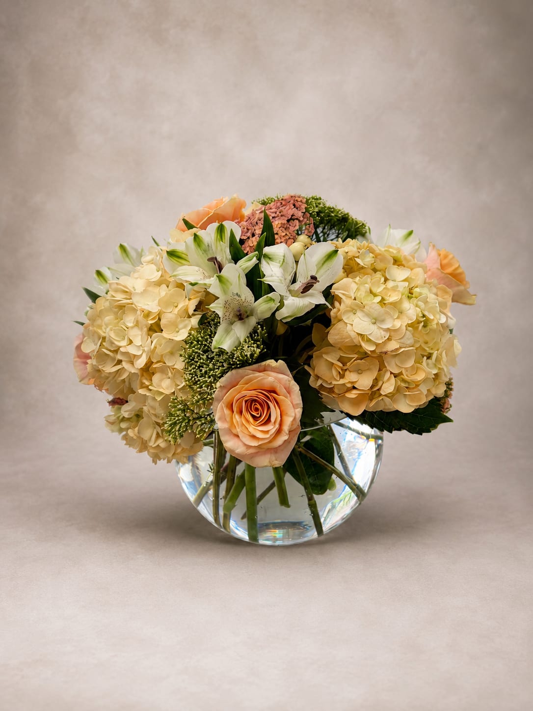 A mother's warmth - Tender, luminous, and full of gentle warmth — A Mother's Warmth is a celebration of the quiet love that surrounds us every day. This generously sized arrangement is anchored by voluminous cream and antique-gold hydrangeas, their delicate petaled clusters creating a soft, pillowy foundation that feels both timeless and fresh. Nestled throughout are blush-peach garden roses in full bloom, their spiral hearts adding a touch of romance and elegance. Crisp white alstroemeria with their distinctive speckled throats bring an airy lightness that lifts the entire composition. Clusters of dusty mauve sedum and green button buds add texture and depth, giving the arrangement a lush, garden-gathered feel that looks anything but ordinary. Everything is arranged in a polished, clear glass bubble vase that lets the stems and water become part of the design — clean, modern, and unfussy. The rounded silhouette of both vase and blooms creates a sense of wholeness and calm. Whether you're celebrating Mother's Day, a birthday, a new baby, or simply saying thank you, this arrangement speaks the language of warmth, care, and lasting affection. Approximate dimensions: Medium-large | Best displayed on a dining table, entryway console, or as a centerpiece.