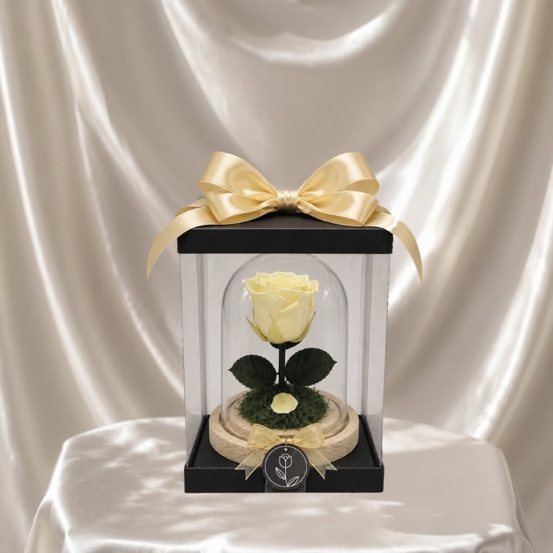 Forever Rose – Champagne (Height: 6.69 ") - A real Ecuadorian rose, professionally preserved to remain fresh and beautiful for over a year. Elegantly displayed under a clear glass dome on a natural wooden base and finished with a delicate cream ribbon, this timeless piece captures grace, beauty, and lasting affection.  Measuring approximately 6.7 inches tall, this maintenance-free floral keepsake offers a refined and subtle expression of love—perfect for meaningful and unforgettable moments.  Each piece is Designer’s Choice. Rose size and tones may vary slightly based on availability while preserving the overall look, quality, and presentation.  Perfect for Valentine’s Day, anniversaries, birthdays, romantic gestures, thinking of you, Mother’s Day, or a heartfelt “just because” gift.  Available for delivery in Southwest Florida, including Naples, Bonita Springs, and Fort Myers Beach.