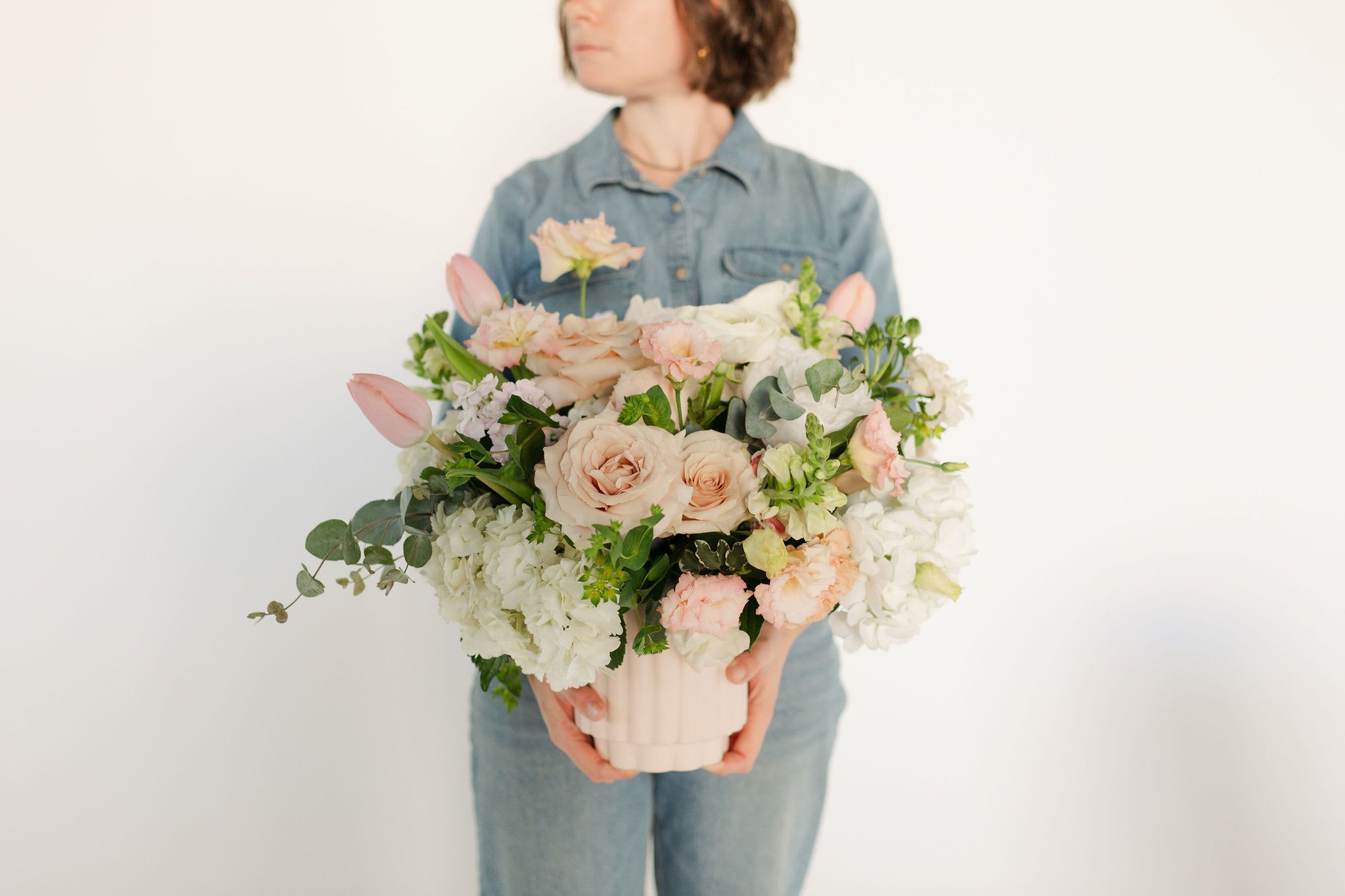 Blush Deluxe Spring Vase Arrangement - The sweetest, prettiest arrangement for the loveliest person you know. Featuring blush, peach and pink tones with soft, textured greenery.  Comprised of fluffy hydrangeas,   Occasionally we may need to substitute individual blooms due to seasonal availability or for quality control purposes, we will always replace individual blooms with a flower of equal or greater value.