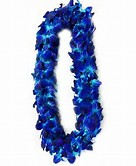 Blue orchid lei made of densely strung petals forming an oval garland