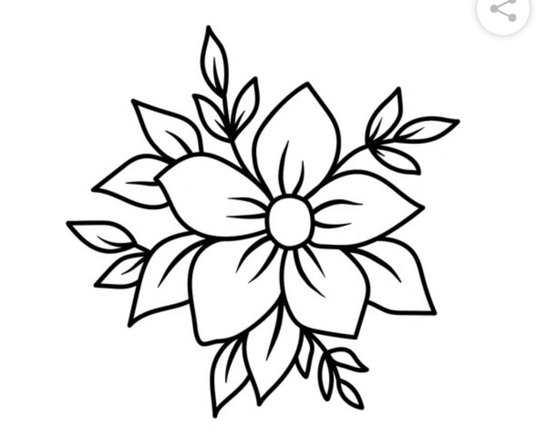 Black line drawing of a flower with leaves on a white background