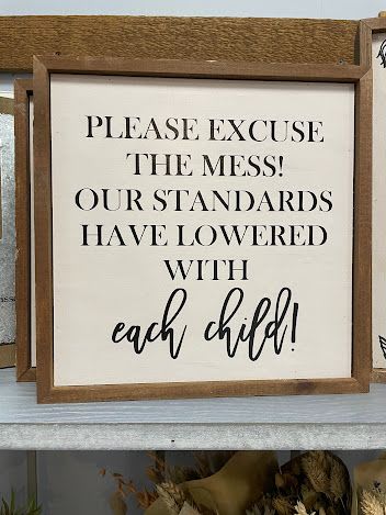 Framed wooden sign with the text "Please excuse the mess!"