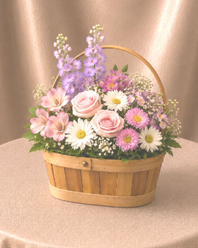 Spring Garden Basket - A charming garden-style floral arrangement designed in a classic wooden basket. Soft spring colors and fresh greenery create a light, natural look that brings the feeling of a blooming garden indoors.  Better For: Spring celebrations, Easter gifts, Birthdays, Thank you gestures, Get well wishes, Just because.  Flowers and basket may vary based on seasonal availability. Our designers will select the freshest blooms while maintaining the same overall style and color palette. 