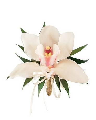 White orchid corsage with green leaves and a white ribbon