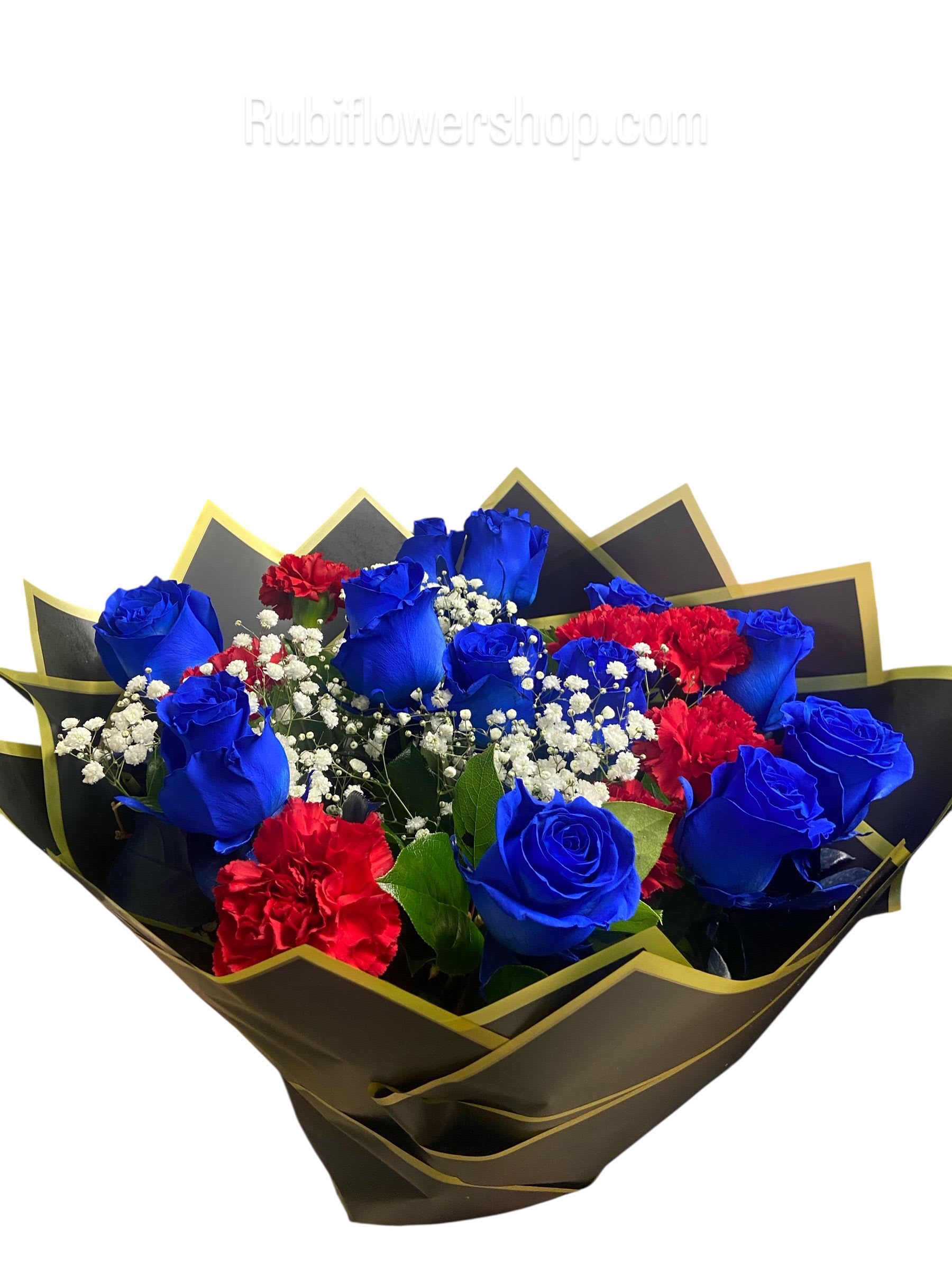 Bouquet of blue roses and red carnations with white baby's breath