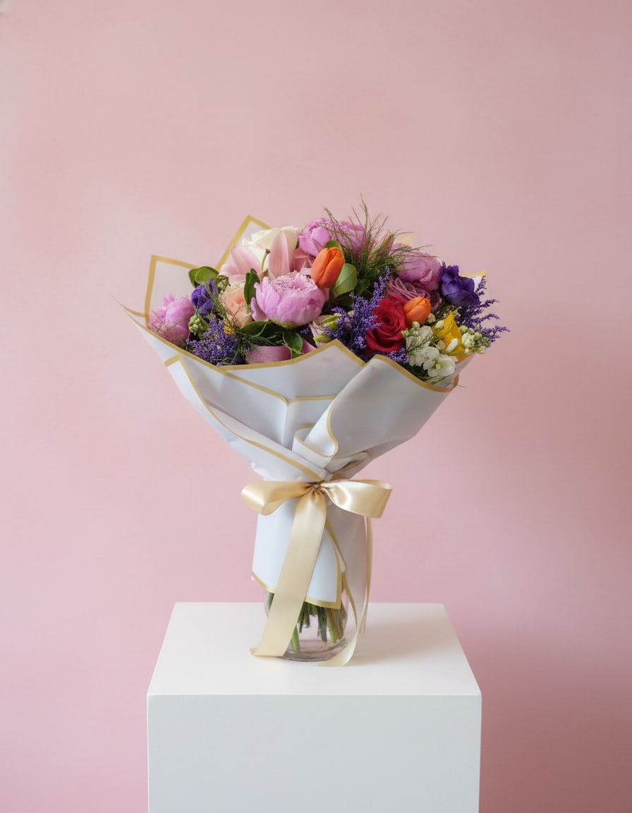 Mother's Day Delight - A soft and elegant hand‑tied bouquet featuring a harmonious mix of pink peonies, roses, tulips, stock, delphinium and vibrant purple accents, complemented by fresh greenery. Wrapped in white paper with gold edging and finished with a satin ribbon, it presents a refined, romantic look perfect for special occasions.