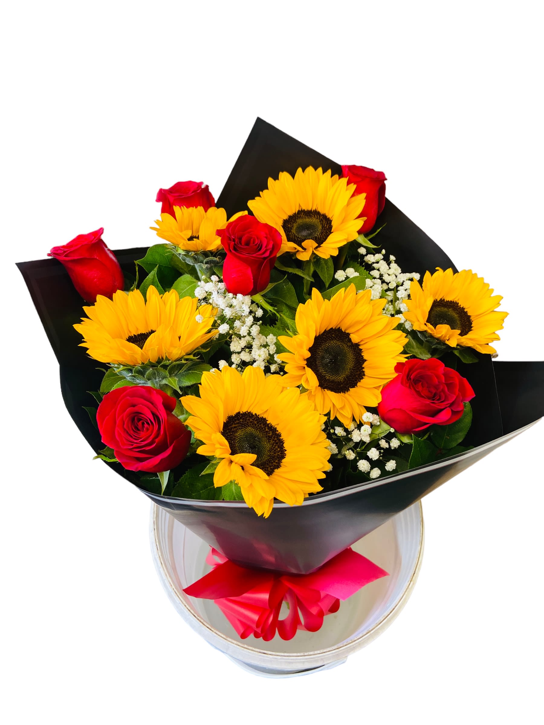 Bouquet of red roses and yellow sunflowers wrapped in black paper