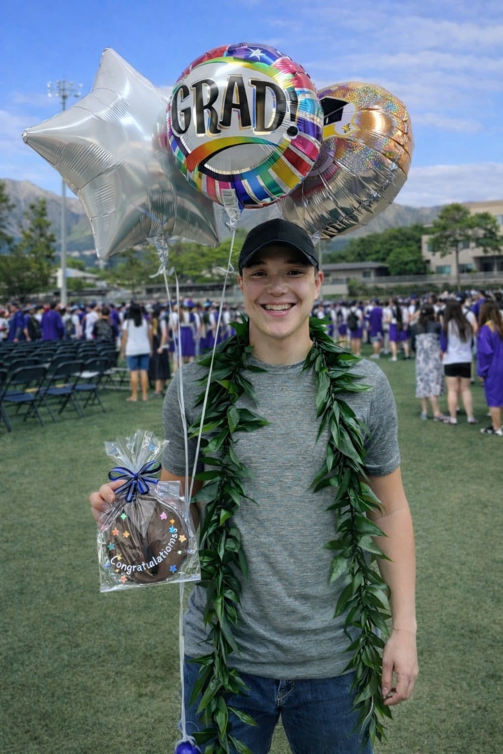 CLASS OF 2026 SPECIAL PACKAGE ( LEI, BALLOONS &amp; CANDY) - We honor the Class of 2026 with a special package that allows everyone to honor their special graduate! You can pick up, or we can deliver directly to the graduate on your behalf!!! Consists of a Double Ti-Leaf Maile Lei, Giant, Exclusive Hawaiian Paradise Graduation Chocolate Fortune Cookie and a Balloon bouquet of 3 Graduation Mylar Balloons!!