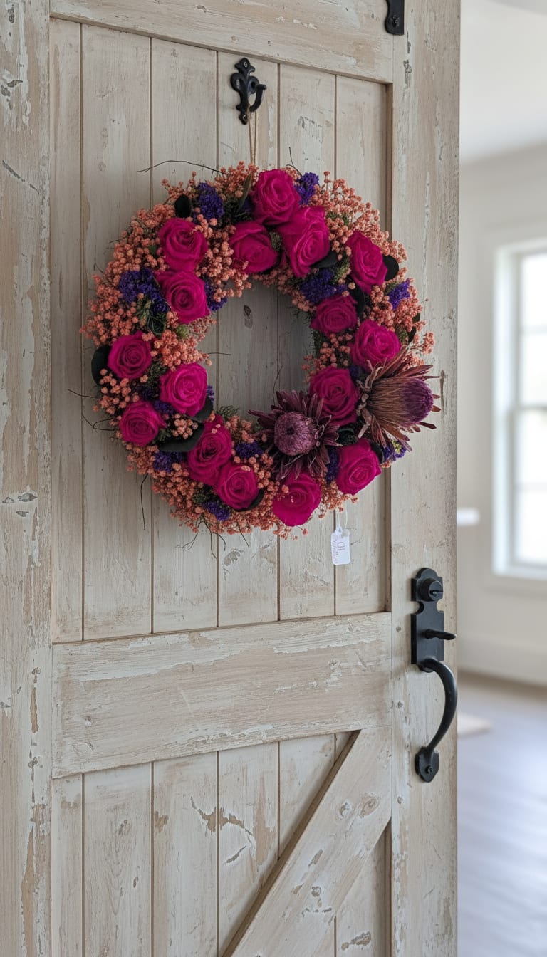 Beautiful and bright Rose Wreath - Hot pink roses, pink babies breath and pink protea with purple statice.