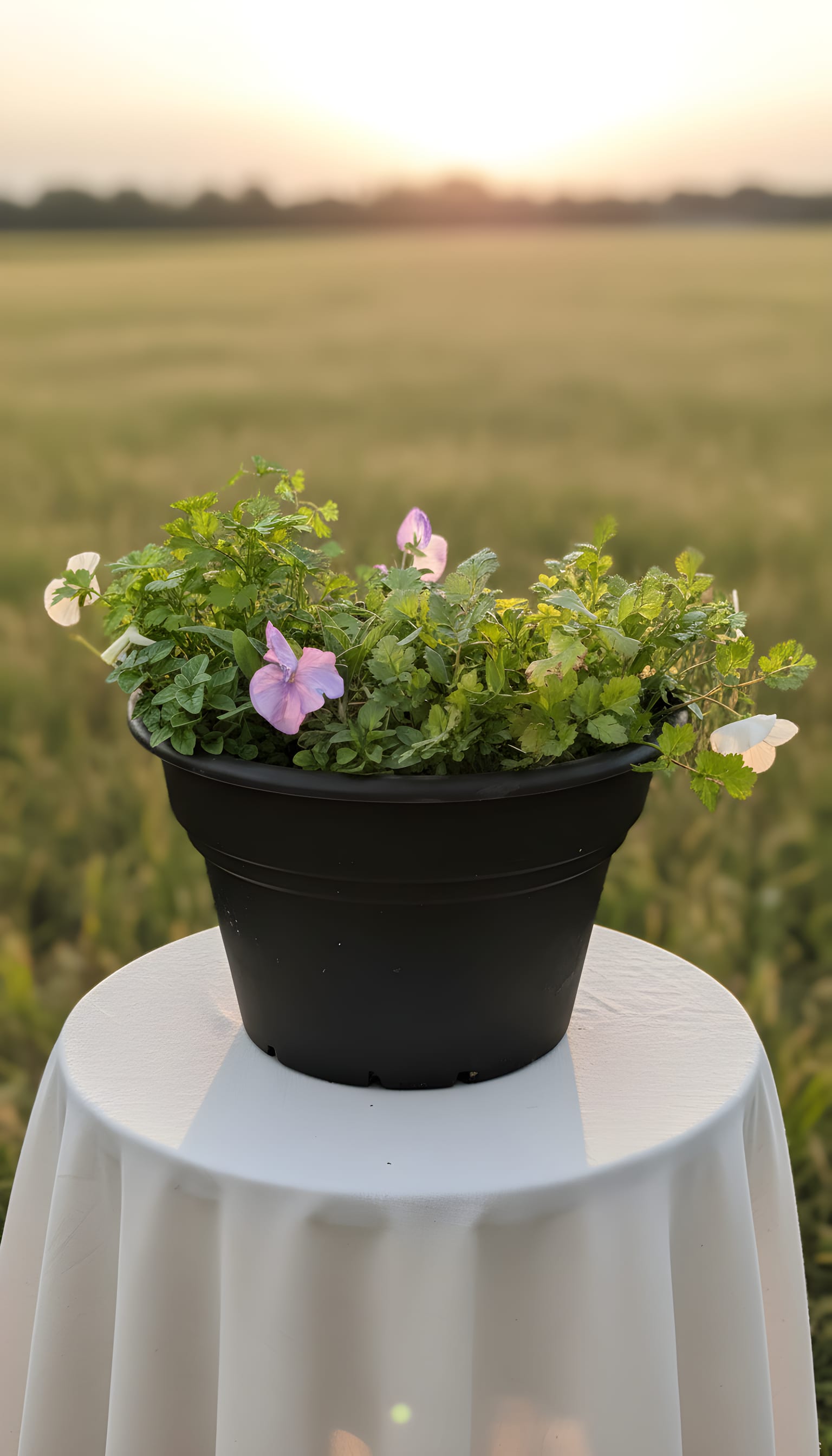 Herb and Pansy Porch Pot - Black pot with assorted herbs and pansies 