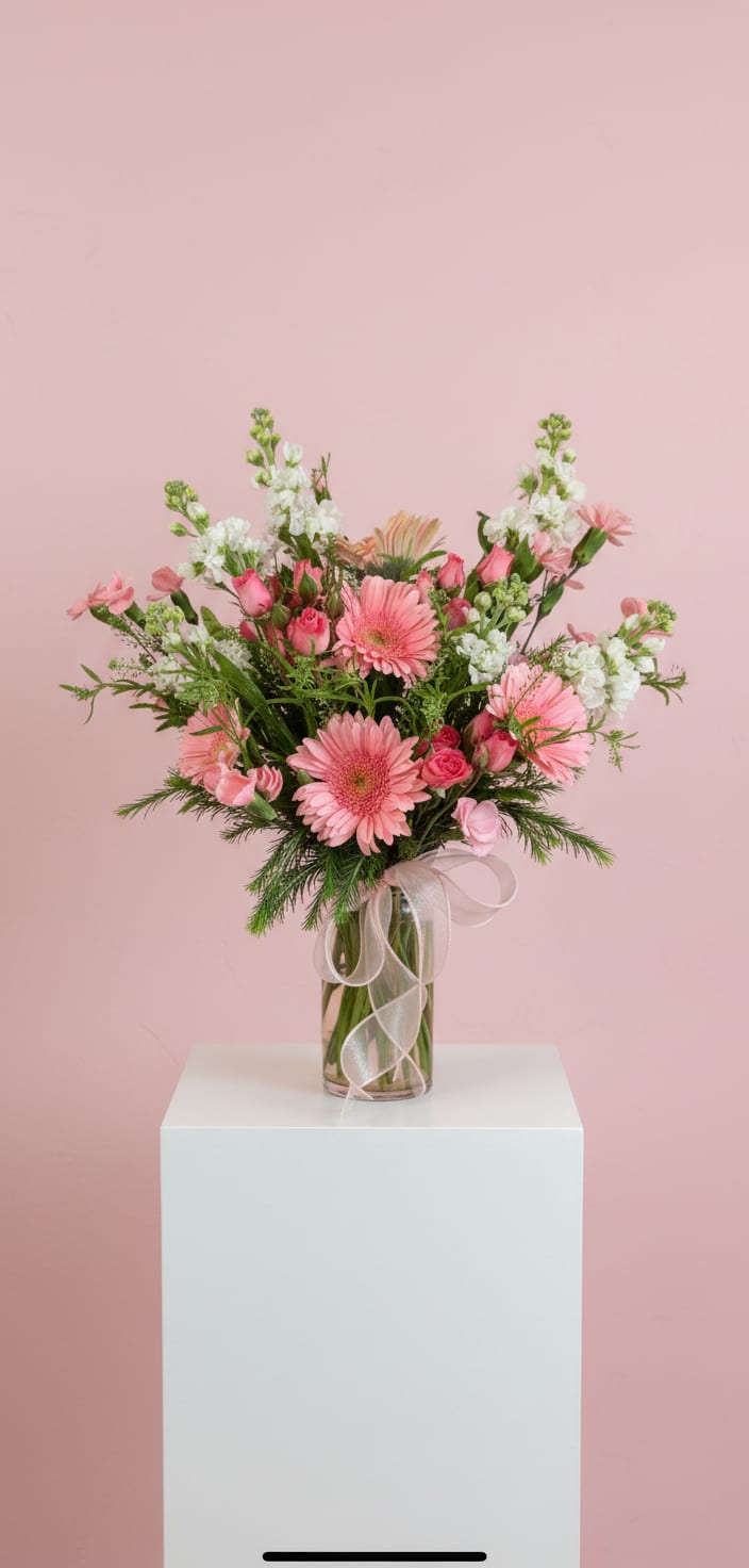 Pink mixed flower bouquet in a clear glass vase with a sheer ribbon