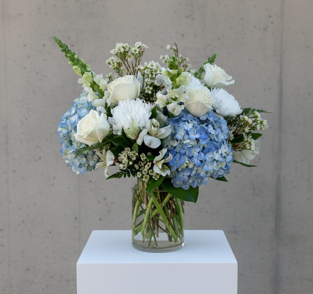 White roses and blue hydrangeas arranged in a clear glass vase