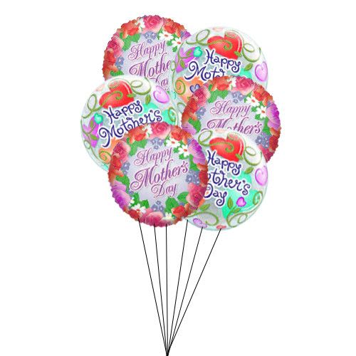 MOTHERS DAY BALLOON BOUQUET - A cheerful cluster of Mother's Day balloons designed to make mom feel celebrated - perfect as a gift topper or a small party decoration for Mother's Day or an appreciation moment. The round balloons are printed with pastel floral borders, hearts and decorative swirls, and repeating "Happy Mother's Day" text in pink and purple tones, so the recipient knows this is a special, festive surprise meant for her.  The color story blends pink, purple, white and green accents with touches of red and lavender for a fresh, springlike look. These lightweight balloons are gathered on thin balloon sticks or presented with long black strings, creating an airy, bundled display that reads like a mini bouquet without flowers. Because the design relies on printed floral graphics rather than fresh blooms, it's a tidy, travel-friendly option that pairs well with a gift box or small vase arrangement.