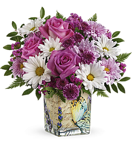 Teleflora's Vintage Butterfly Bouquet - Make mom's spirit soar with this vintage-inspired vase, adorned with whimsical butterflies and bursting with the prettiest pink rose and daisy bouquet!