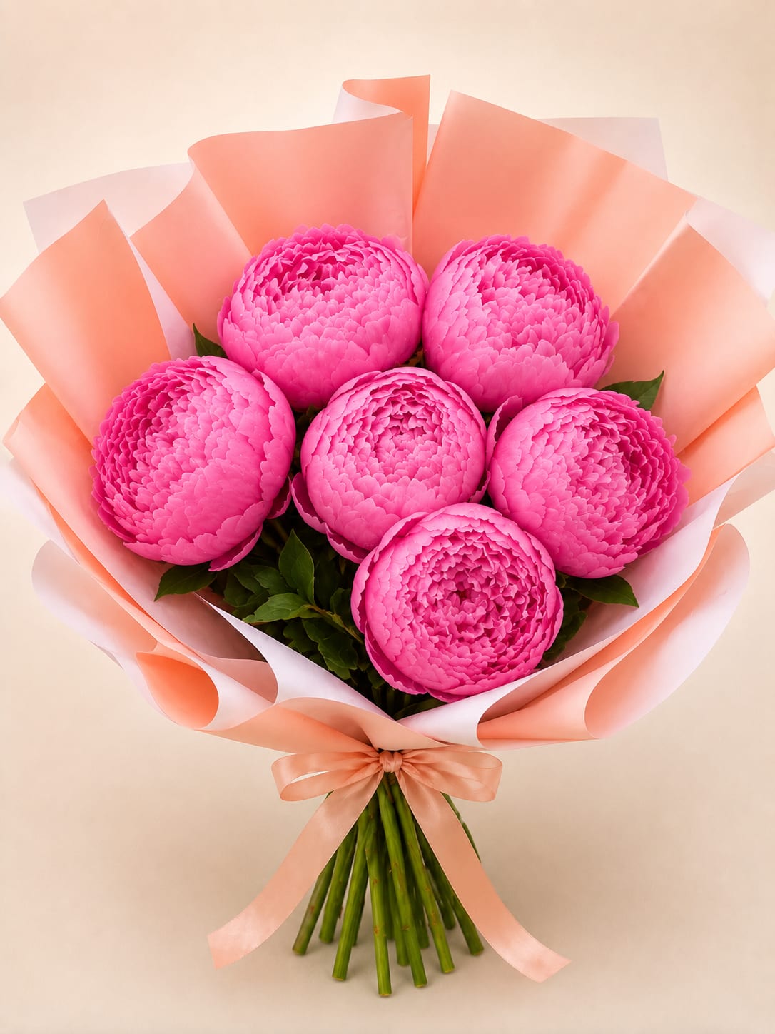 Peonies Bouquet  - Bright, lush pink peonies form a tightly clustered, hand-tied bouquet that reads as cheerful and romantic - a perfect birthday bouquet, Mother's Day gift, anniversary flowers, or "just because" surprise for someone you want to make feel truly seen. The rounded, abundant blooms with layered, plush petals create a soft visual and textural impression that reads feminine and springlike the moment it's handed over.  Each bouquet is wrapped in generous folds of peach and white decorative paper and finished with a pale satin ribbon for a polished presentation that still feels personal and effortless. The compact size is ideal for carrying and placing in a vase right away; the florals are arranged densely so the recipient enjoys an immediate, full display of color and texture.  Designed to celebrate everyday moments as much as special dates, this peony bouquet sends a warm, joyful message - bright, feminine, and unmistakably thoughtful. Care: refresh vase water daily and recut stems for best longevity.