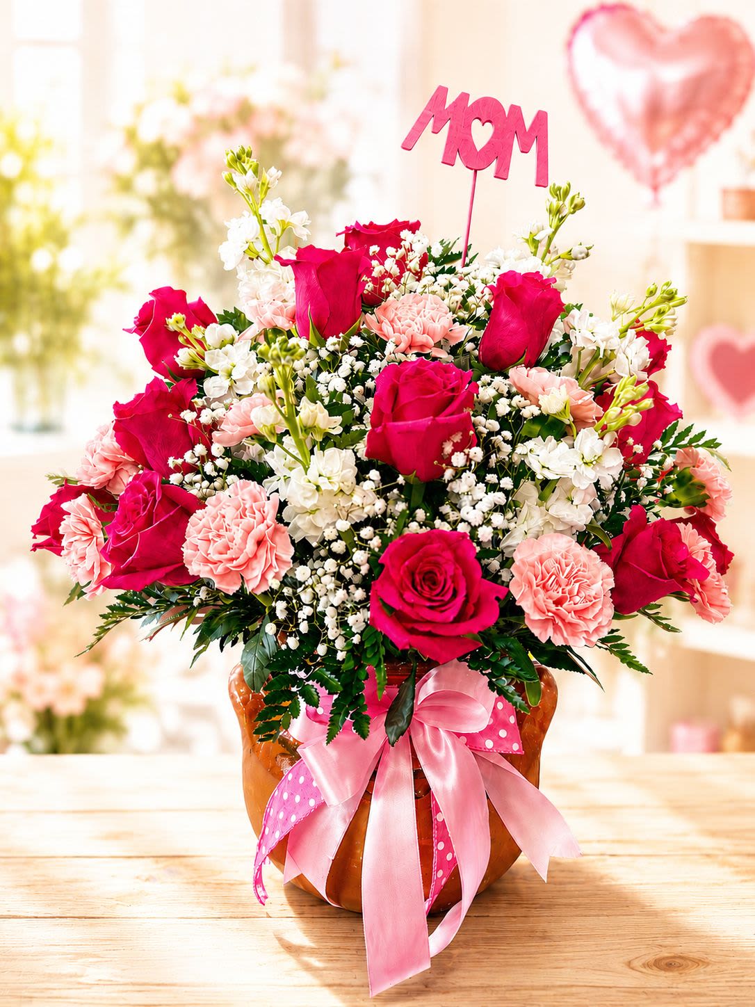 Ollita Imperial Bloom  - Hot Pink Roses and Carnations in a Decorative Ollita  Designed to Celebrate Mother’s Day