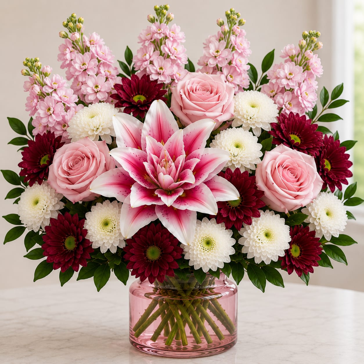 Blush &amp; Burgundy Luxe - Elegant, full, and beautifully layered — this premium arrangement is designed to make a lasting impression. Featuring a stunning double lily as the focal point, surrounded by 4 soft light pink roses, rich burgundy daisy mums, full white cushion mums, and delicate light pink stock, this design blends softness with depth for a truly upscale look.  The double lily adds a lush, multi-petal bloom that feels luxurious and eye-catching, while the mix of blush pinks and deep burgundy creates a perfect balance of romance and richness. Accented with fresh greenery, this arrangement feels full, refined, and thoughtfully designed from every angle.  Perfect for anniversaries, sympathy, birthdays, or sending something truly special, this is a go-to choice when you want to elevate your gift.