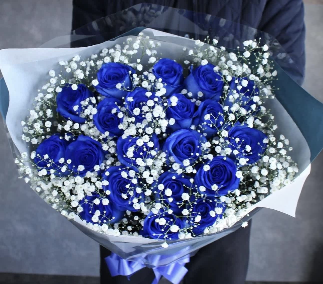 Bouquet of blue roses with white baby's breath in clear wrap