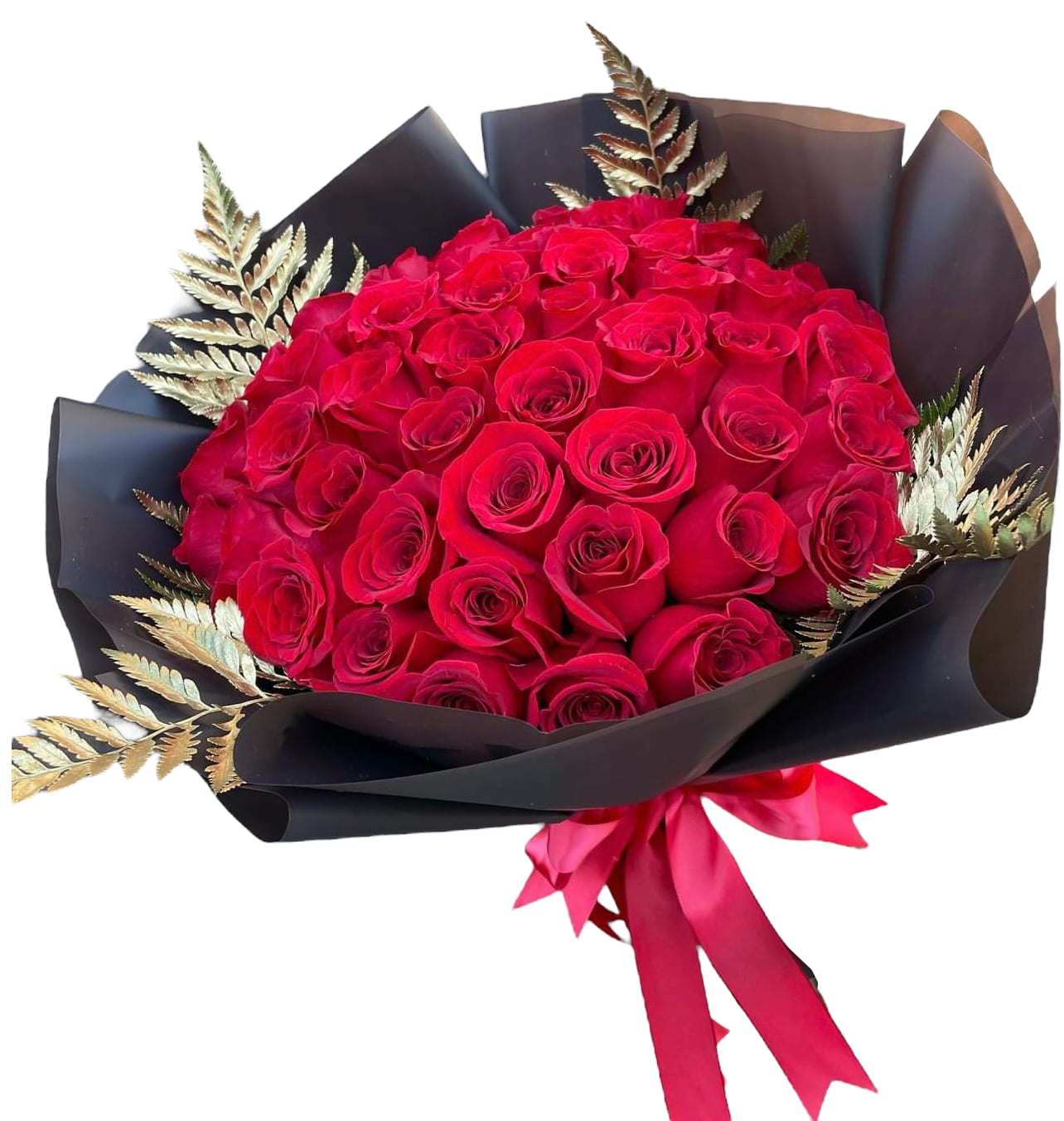 Bouquet of red roses wrapped in black paper with a pink ribbon