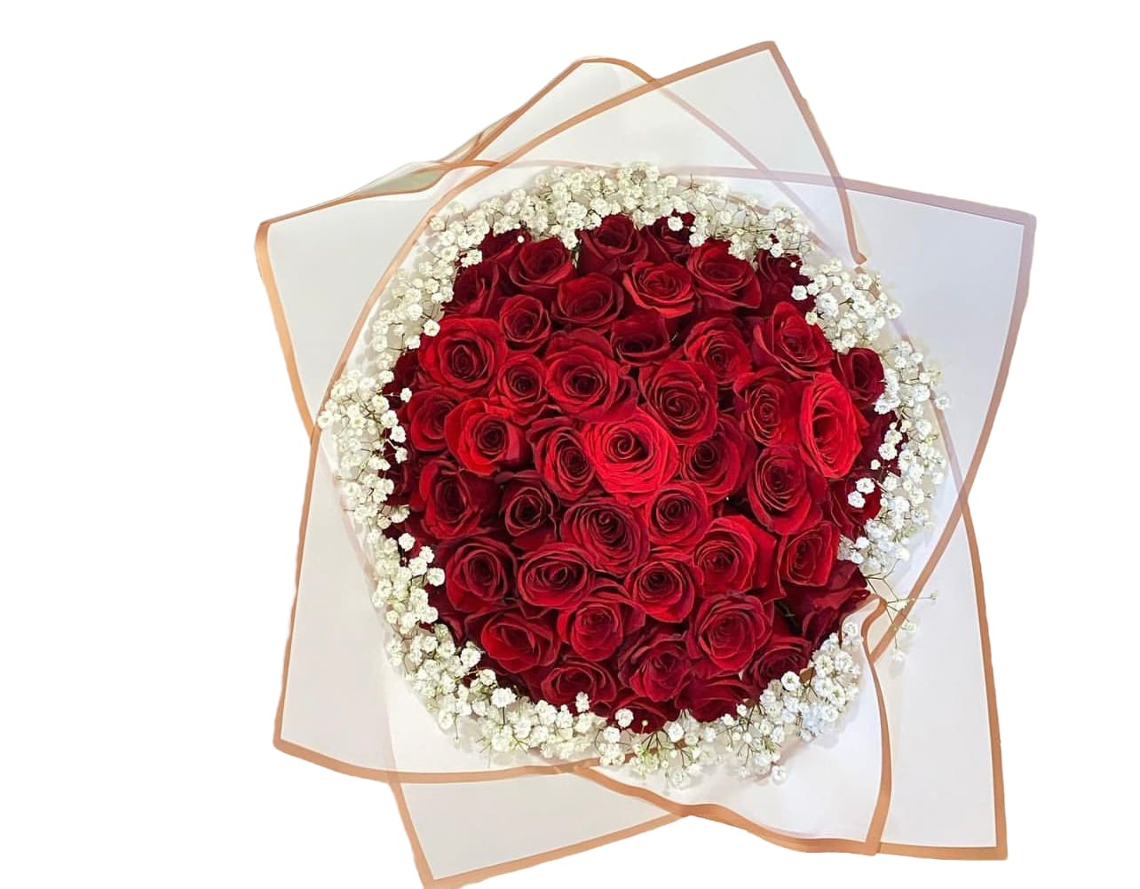 Round bouquet of red roses with white baby's breath in clear wrap
