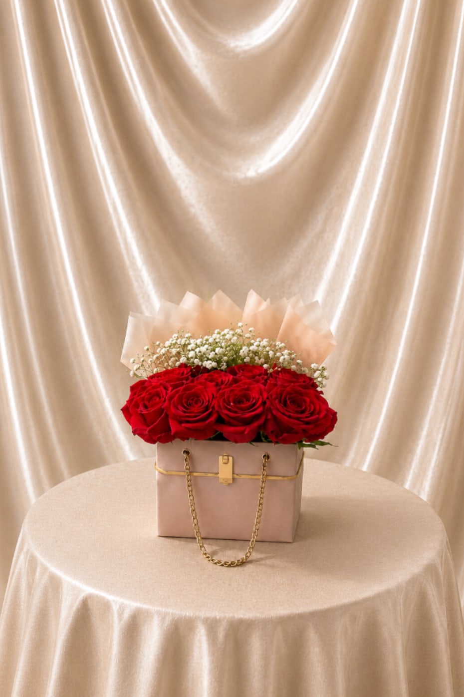 Rose Luxe Handbag Gift Set  - An exquisite arrangement of lush red roses and delicate baby’s breath, beautifully designed in a chic handbag-style box. Paired with a box of chocolates, this elegant gift set is perfect for making someone feel truly special.  Includes: • Fresh premium roses • Delicate baby’s breath • Stylish handbag-inspired box • Box of chocolates  Available colors: Blush, black, and white.  Perfect for Valentine’s Day, anniversaries, romantic gestures, congratulations, Mother’s Day, or a meaningful “just because” surprise.  Same day flower delivery available in Southwest Florida, including Naples, Bonita Springs, and Fort Myers Beach.