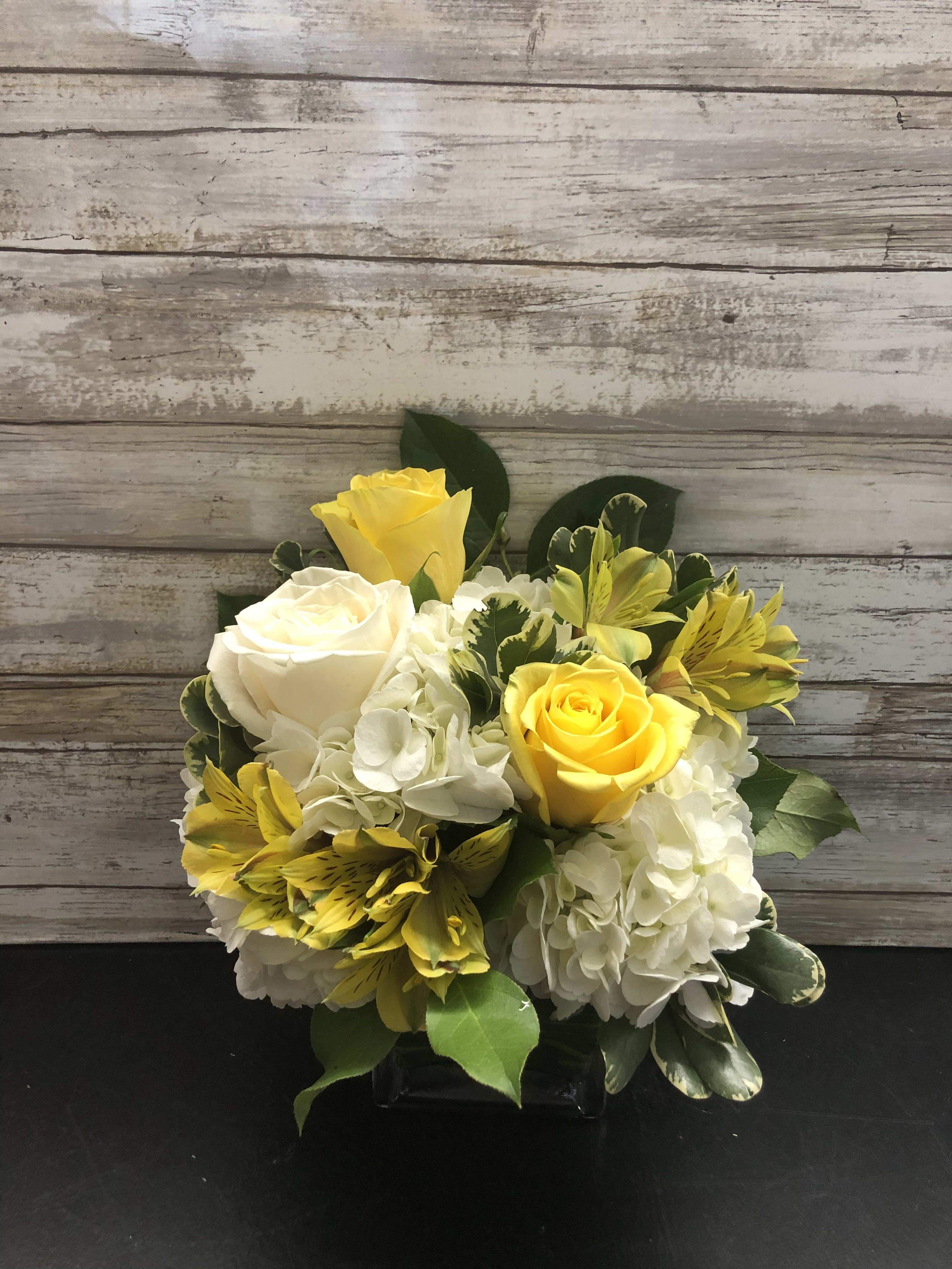 Sweetest Sunrise Bouquet - This sparkling array of sunny favorites in a silver cube vase will be the star of any room. It's a sweet gift she'll love to receive - and you'll be proud to give. Sweet price, too. 