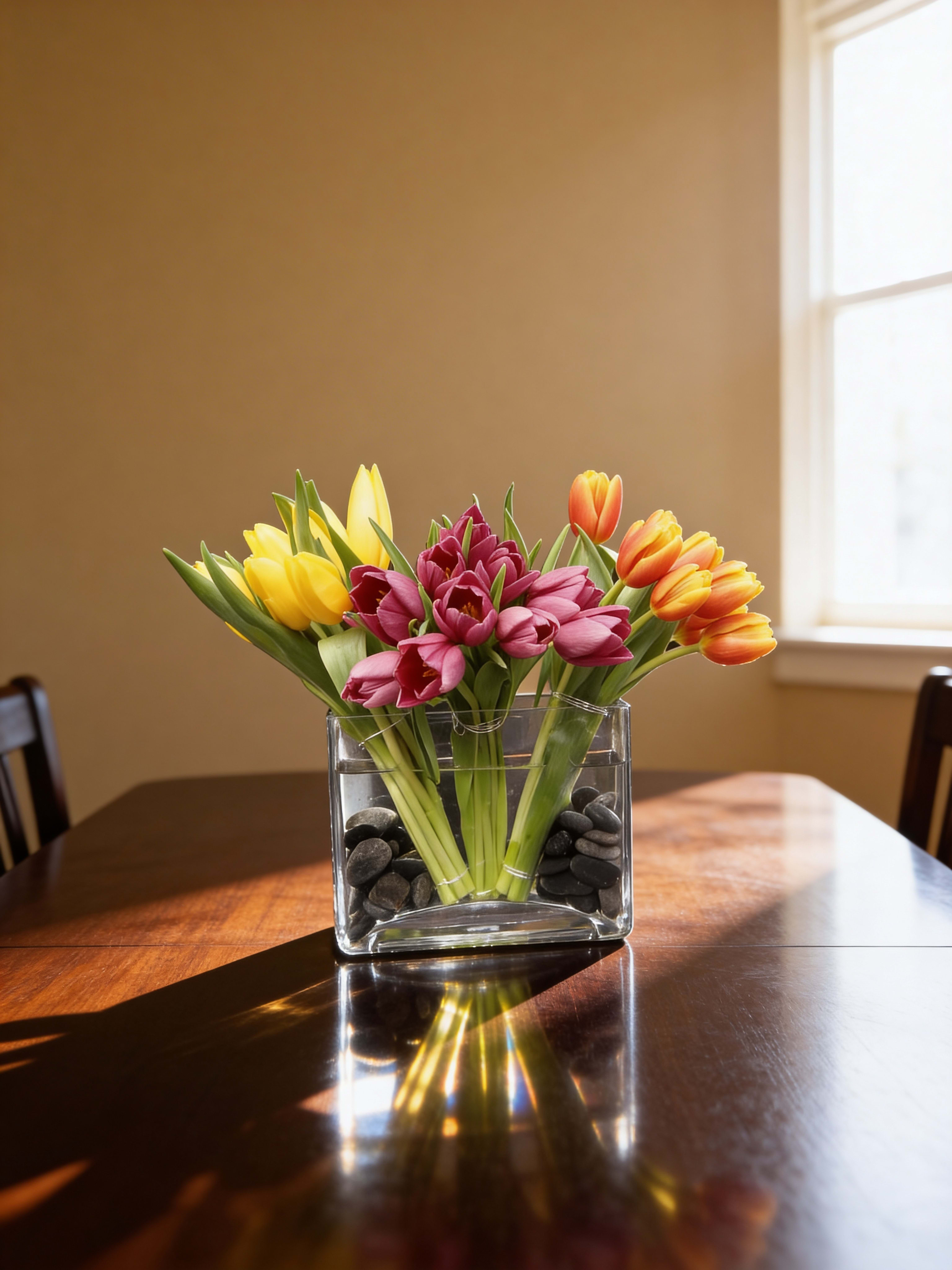 John Jay Spring  - Bright, cheerful tulips arranged in a modern glass vase with decorative black stones. Featuring vibrant shades of yellow, pink, and orange, this fresh floral design brings a touch of spring elegance and happiness to any space. Perfect for birthdays, celebrations, thank-you gifts, or simply brightening someone’s day. 