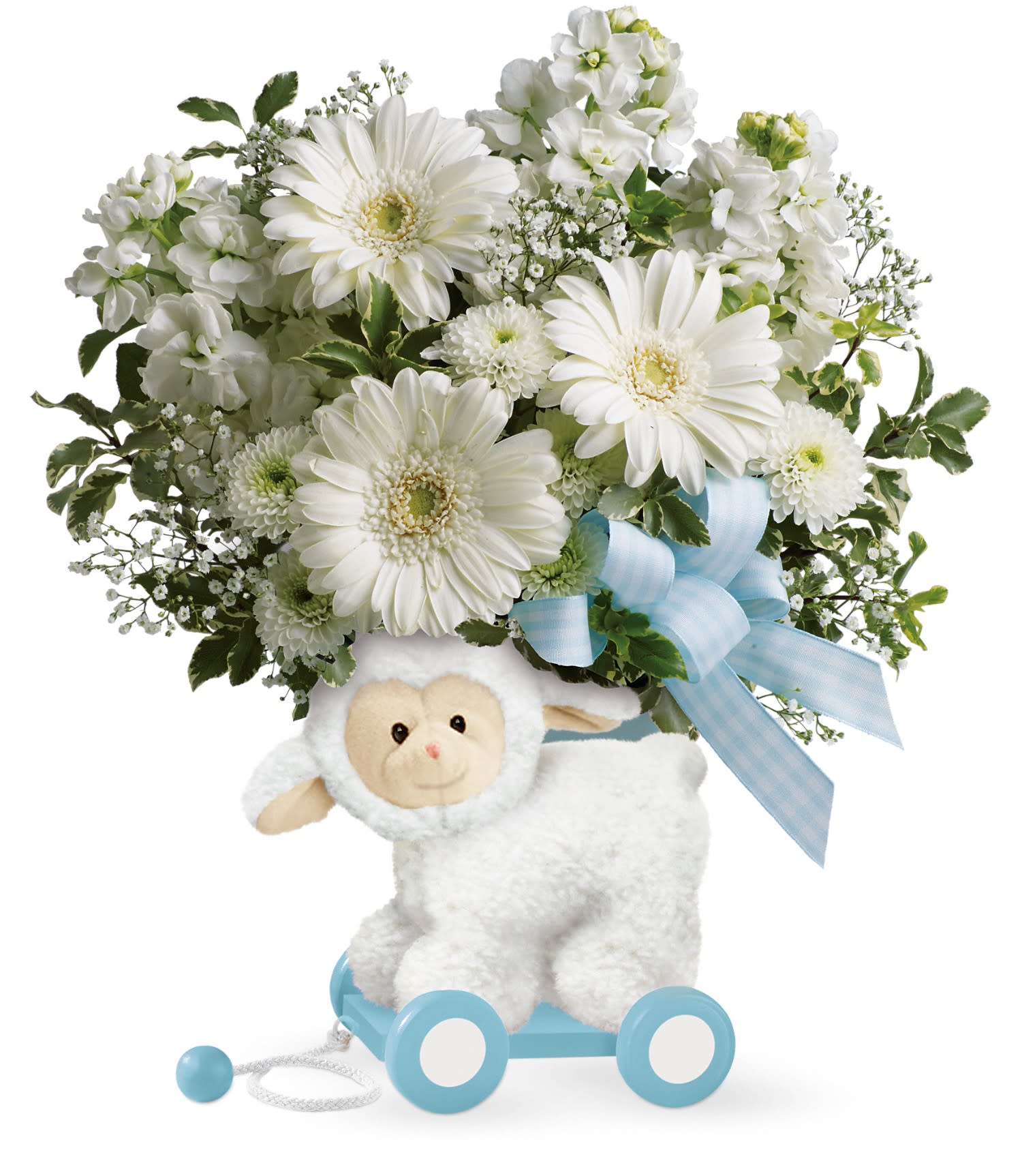 White flower arrangement on a plush lamb toy with a blue ribbon