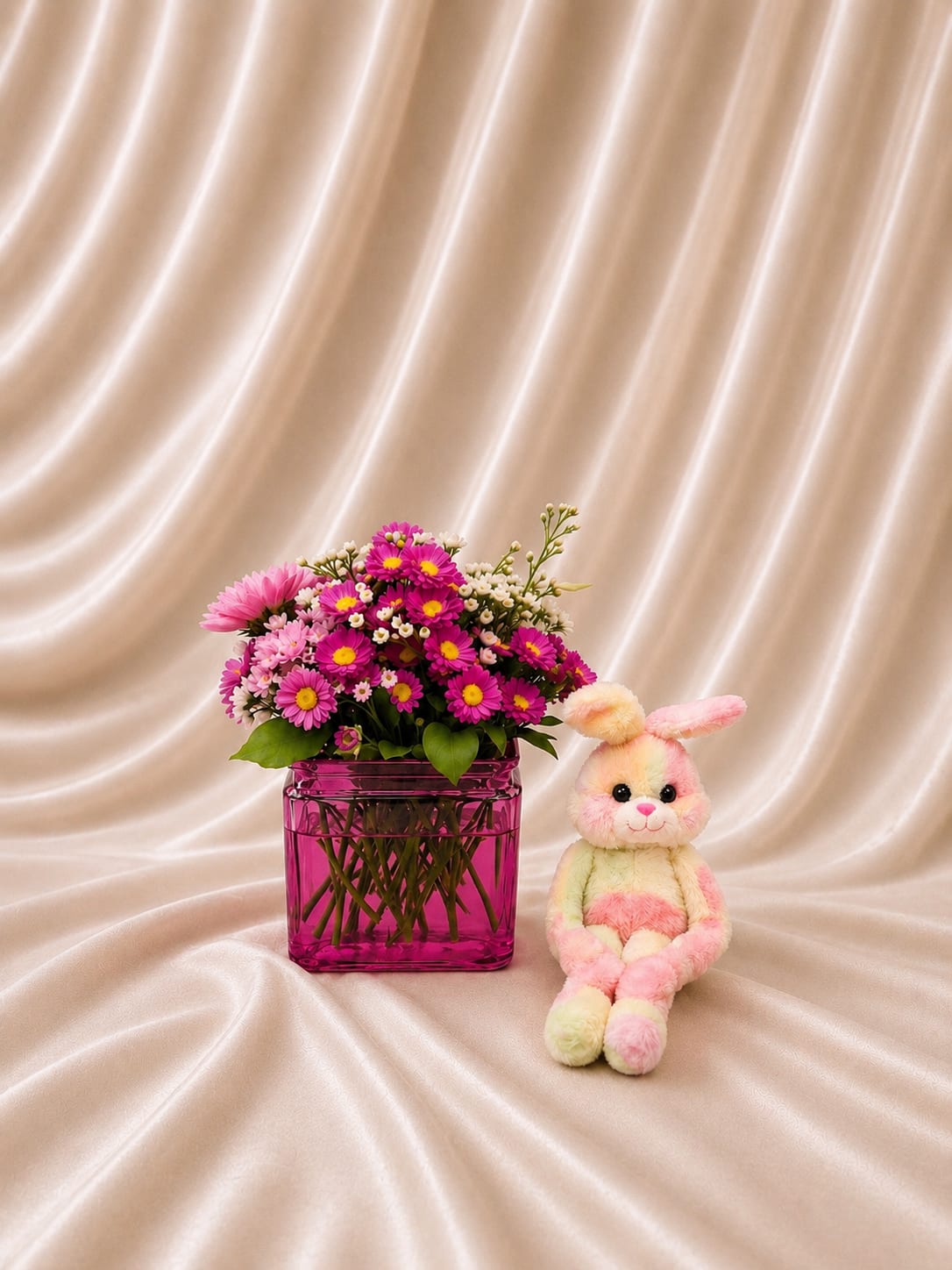 Springtime Surprise | Designer Choice - A charming floral arrangement in a stylish ceramic vase, paired with an adorable plush bunny. A perfect gift to celebrate spring, Easter, or simply brighten someone’s day!   Flower varieties, vase and plush toy may vary slightly based on availability, but the cheerful and festive feel remains.   Perfect for: Easter, spring celebrations, baby showers, or as a sweet surprise!