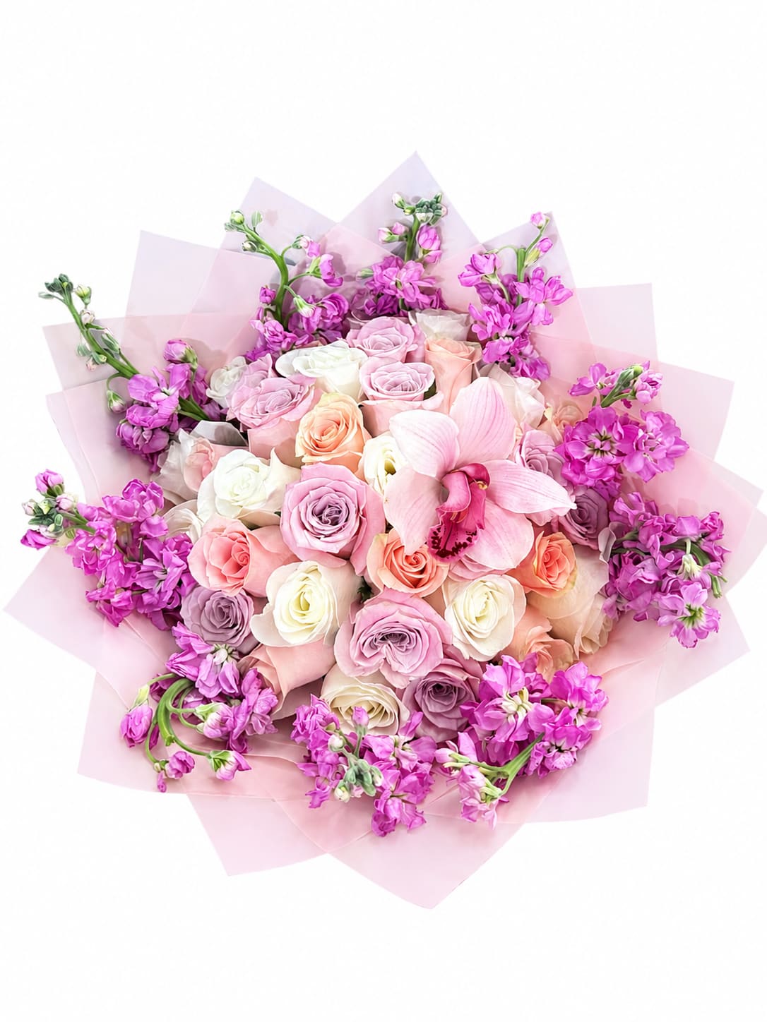 Pink Orchid Garden bouquet - Un elegante  bouquet en tonos  rosados y lavanda doseñados con rosas primium, delicadas Flores y una hermosa orquidea.