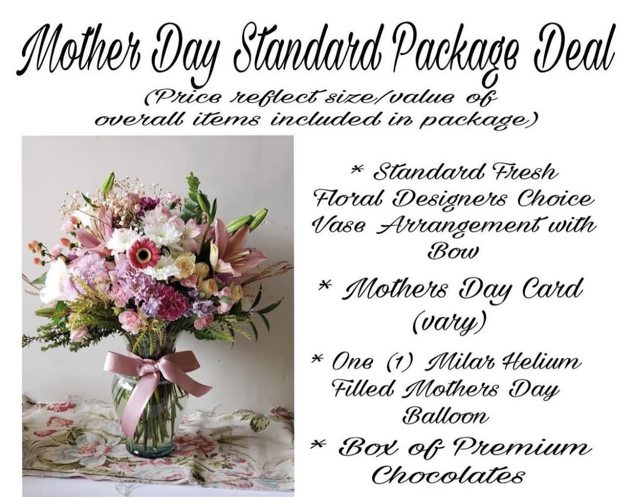 Mothers Day Special Package - Soft, layered blooms in pink, white, green and touches of purple create an instantly cheerful Mother's Day bouquet that reads as a thoughtful gift for mom, a heartfelt thank-you, or a bright just-because surprise. This flower arrangement is a full mixed bouquet designed for gifting occasions like birthdays too - the person you're thinking of will feel celebrated by the lush, feminine palette and abundant texture.  The bouquet combines alstroemeria, hydrangeas, lilies, roses, gerbera daisies, carnations and chrysanthemums arranged in a clear glass vase and finished with a pink satin ribbon. Peach and purple accents play off classic pinks and whites for depth, while green foliage gives the composition a fresh, layered look. It arrives gift-ready with a greeting card, a helium balloon, and a box of chocolates for an extra-special presentation.  Perfect for showing appreciation, marking a birthday, or making an ordinary day feel meaningful, this package is sized to make an immediate visual impact on a tabletop or mantel. Light daily fresh water and remove any spent blooms to keep the arrangement looking its best; include your personal message on the card when you order to make the sentiment unmistakably theirs.