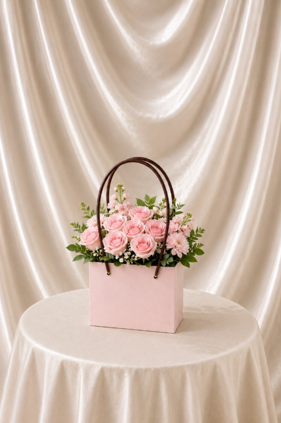 Pink roses and small pink flowers in a pale pink gift bag with handles