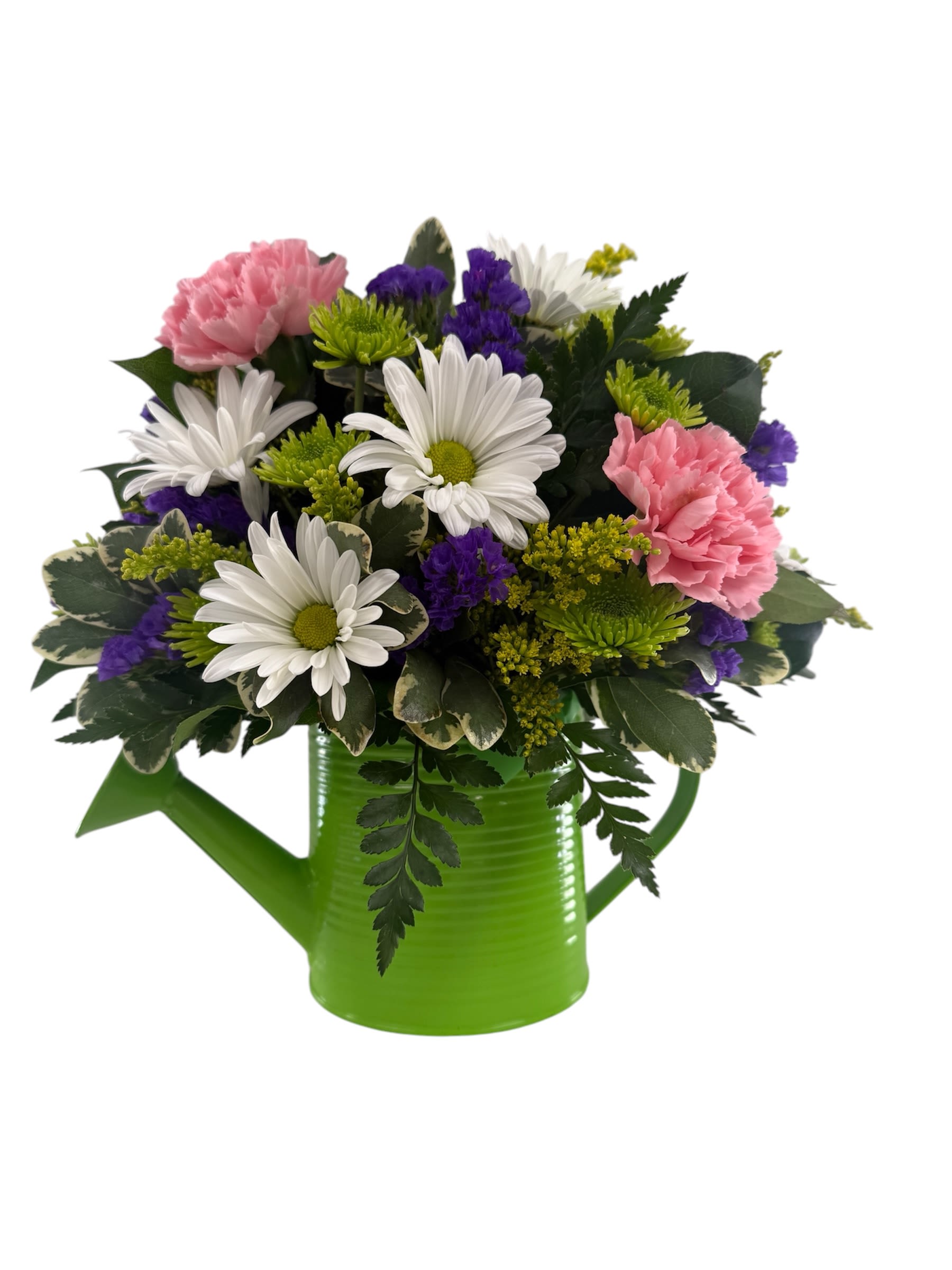 Pink carnations and white daisies in a green watering can
