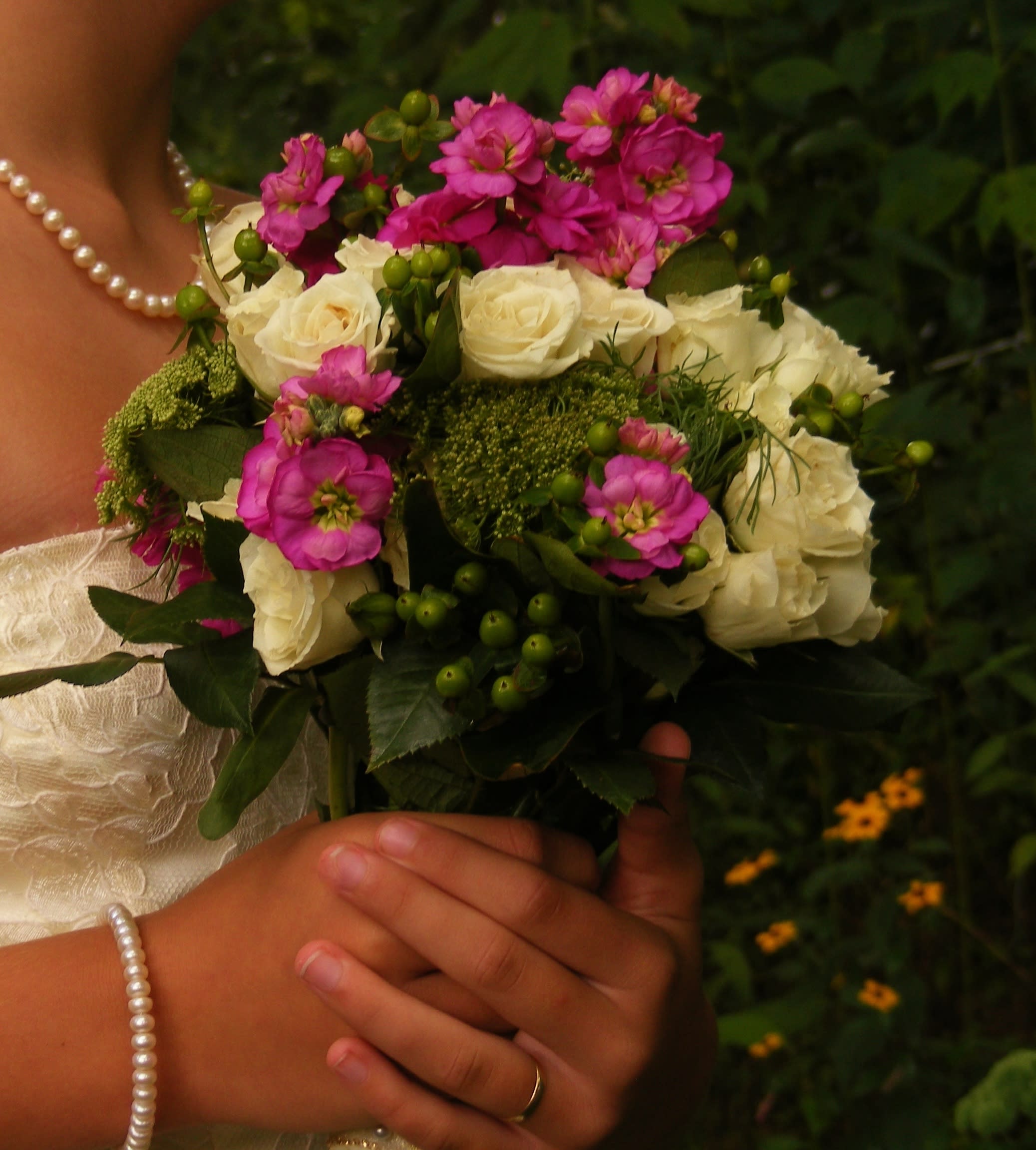 Gorgeous Bridal Bouquet - Pretty Hand Tied Wedding Bouquet  of Roses, Hypericum, Stock &amp; Hydrangea 