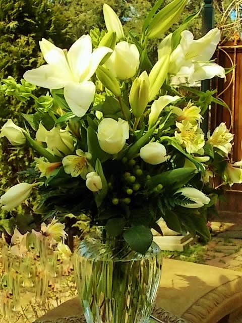Winter Whites - Elegant Vase of Lush Greens &amp;  Flowers