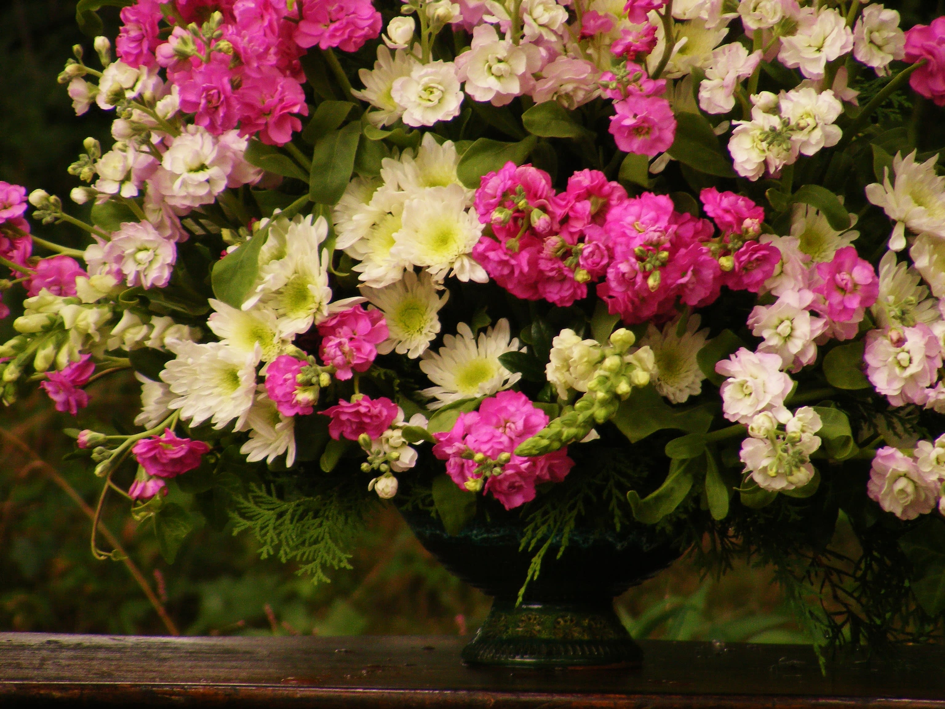 Pink and white flower arrangement in a dark vase