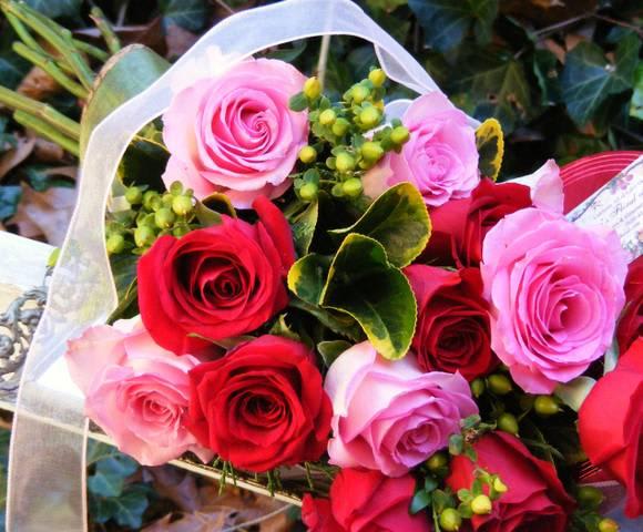 Bouquet of pink and red roses with a sheer ribbon