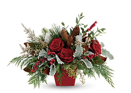 Red roses in a red container with pinecones and winter greenery